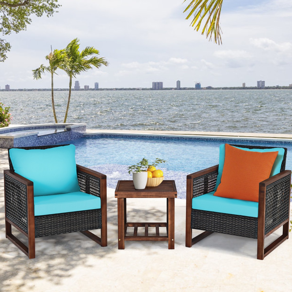 Patiojoy 3PCS Patio Wicker Wooden Frame Furniture Set Cushion Sofa Turquoise