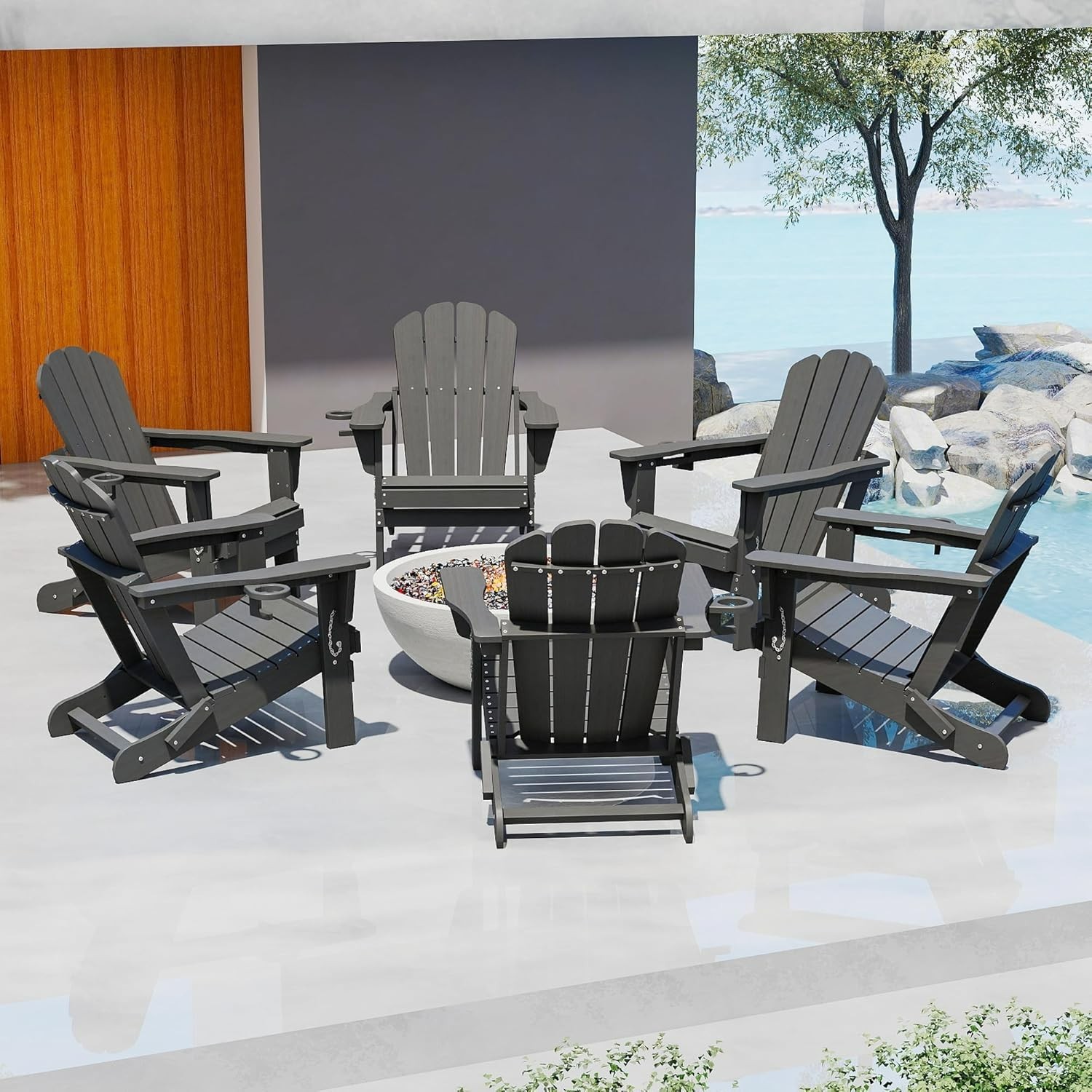 6pcs All-Weather HDPE Folding Adirondack Chair Fire Pit Chair w/Cup Holder,Grey