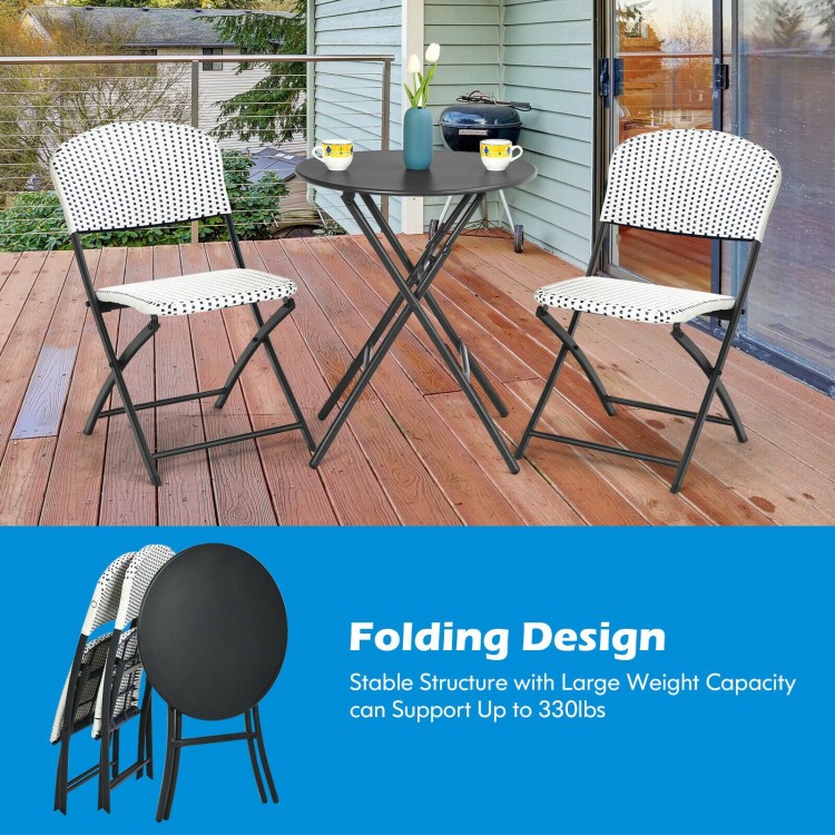 PE Rattan Bistro Set: 3-Pc, 23.5″ Round Table, 2x330lb Chairs, Steel Frame