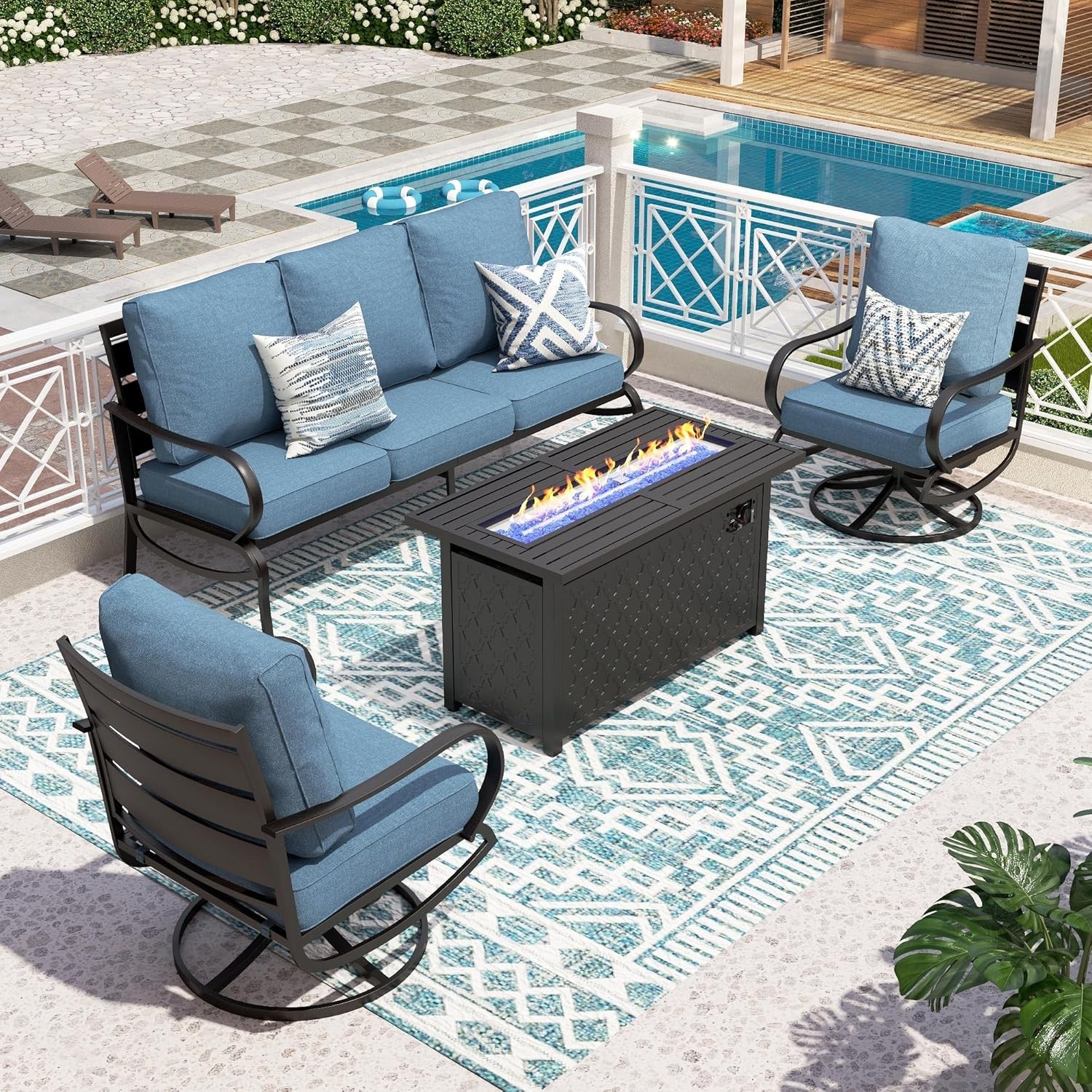 4 PCS Patio Furniture Set Garden Lawn Outdoor Set With Gas Fire Pit Table Heater