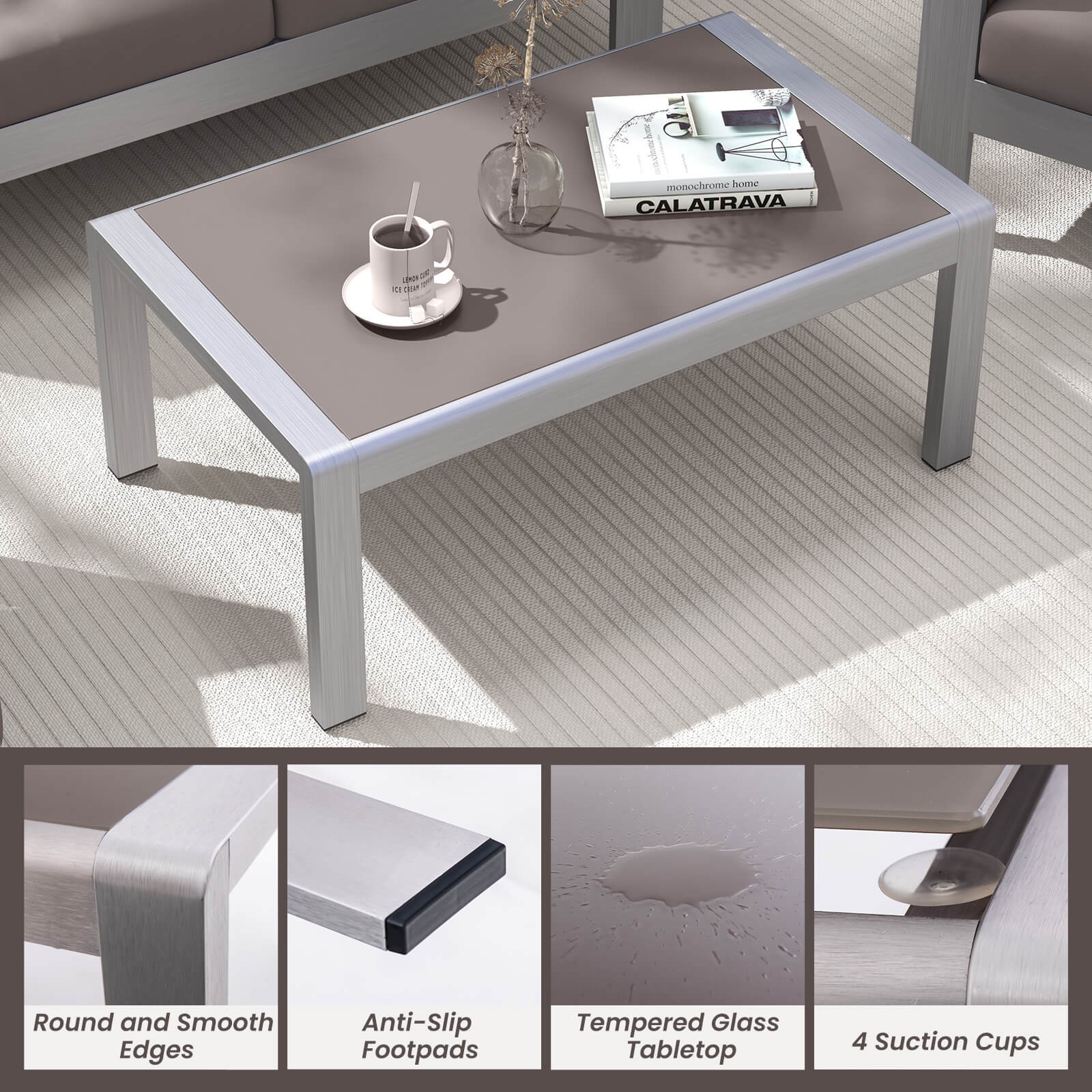 Outdoor Rectangle Coffee Table Aluminum Side Table w/ Tempered Glass Tabletop