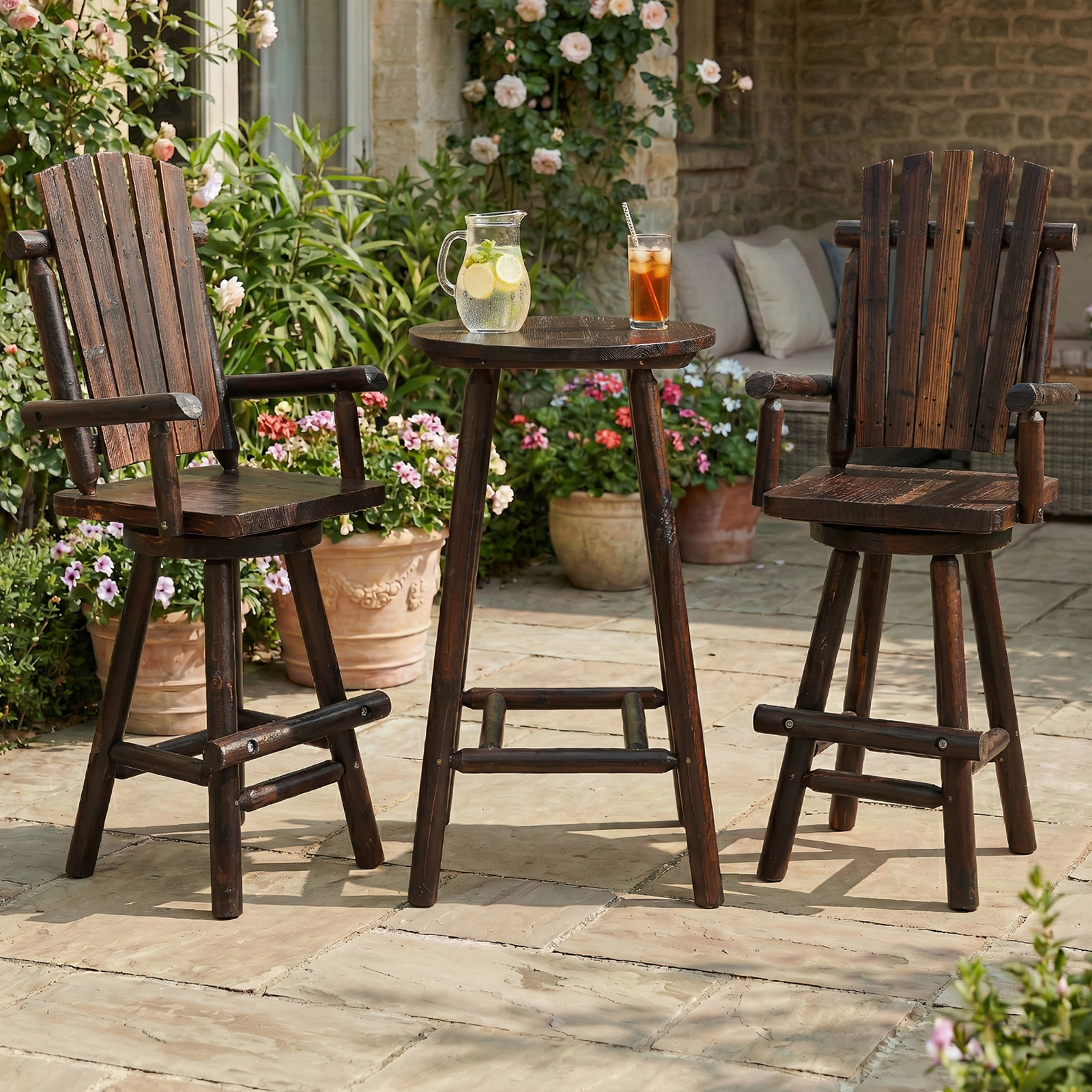 HOMEDIARY 3 Piece Outdoor Wooden Bar Set, High Top Table and 2 Swivel Stools
