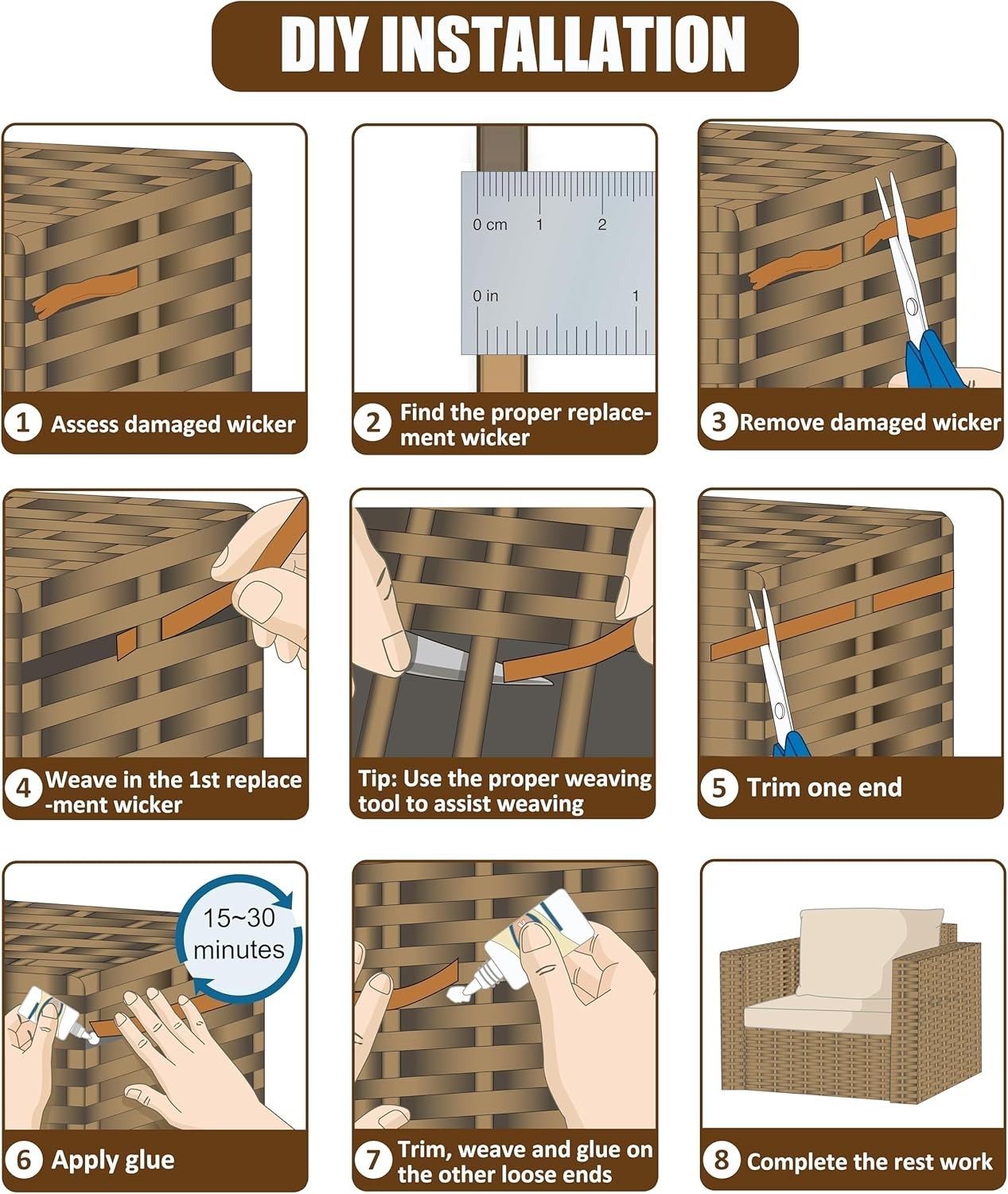 240 Ft Gradient Dark Brown Plastic Wicker Repair Kit for Outdoor Furniture