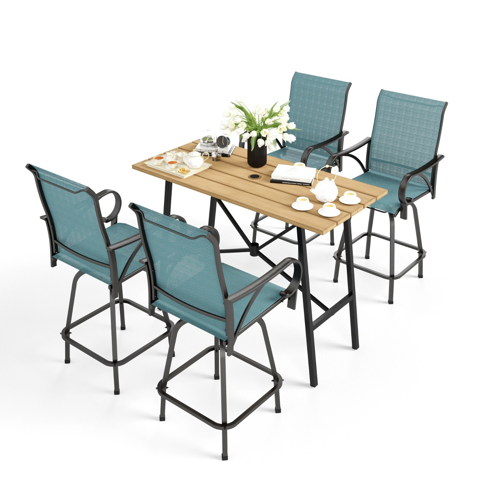 5 Piece Patio Bar Set Outdoor Dining Set Table & Blue Textilene Swivel Stools