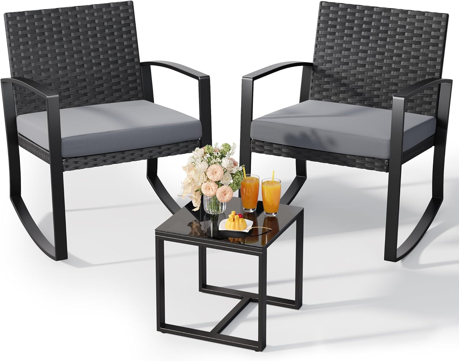 Qsun 3 Pieces Patio Furniture Set Rocking Bistro Set Outdoor Rattan Conversation