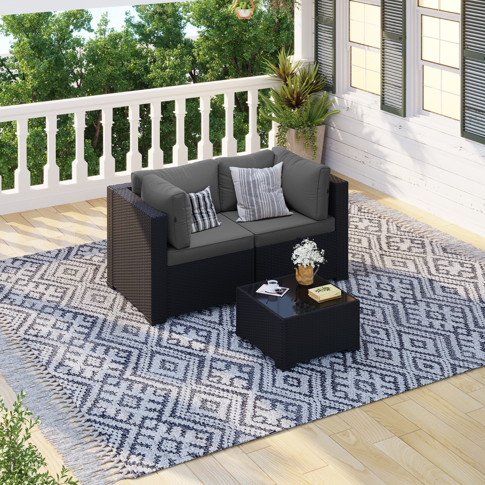 3-Piece Black Rattan Sofa Set Dark Gray Cushions Coffee Table