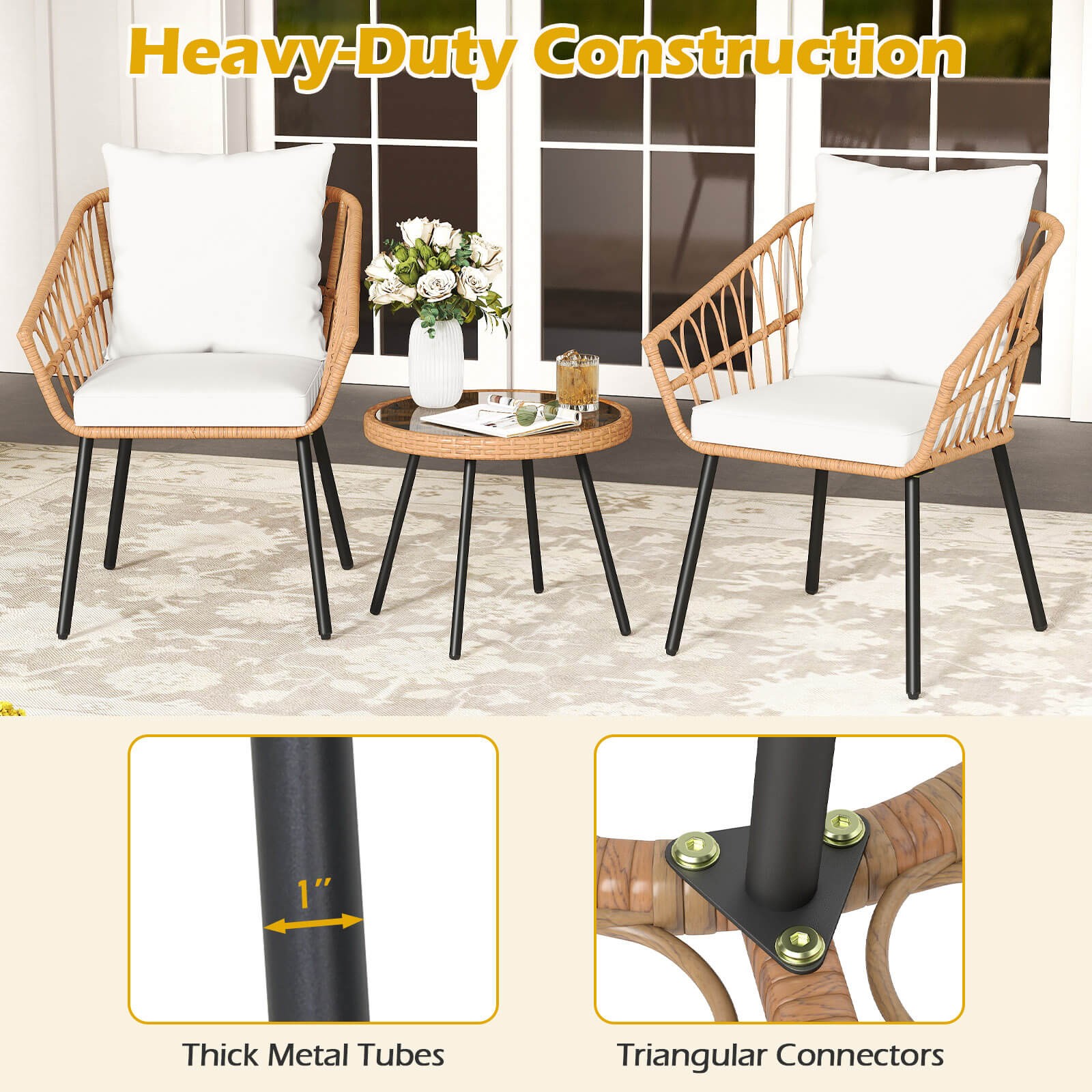 3 PCS Patio Bistro Set w/Heavy Duty Metal Frame for Balcony Garden & Poolside
