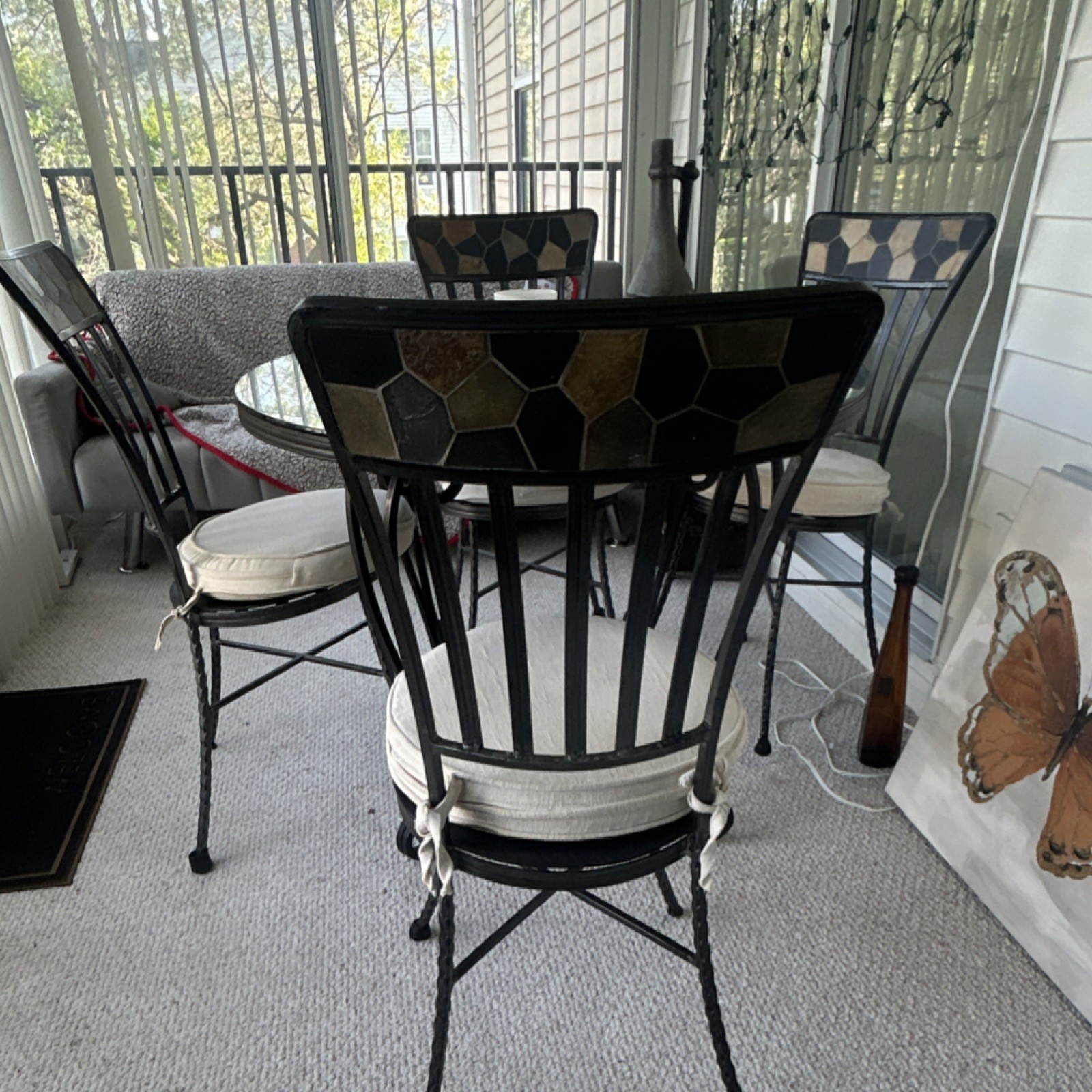 Metal and Stone Round Dining Set, 4 Black Chairs, Beige Cushions
