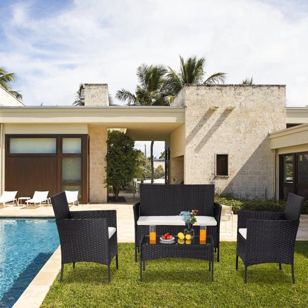 4 PC Outdoor Patio Furniture Set. Glass Table & Cushioned Seats