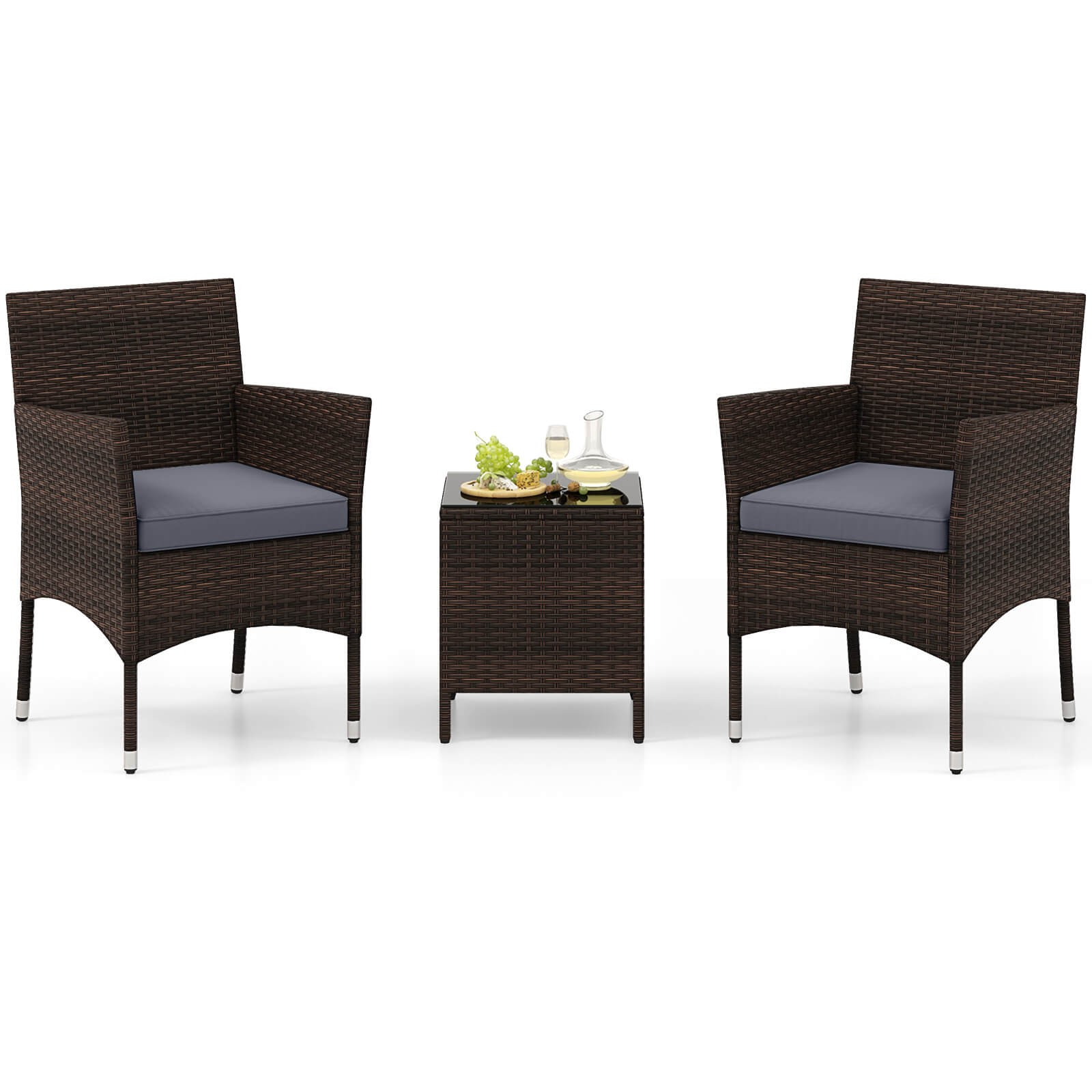 3 PCS Outdoor Conversation Set w/ Cushioned Seat & Tempered Glass Tabletop