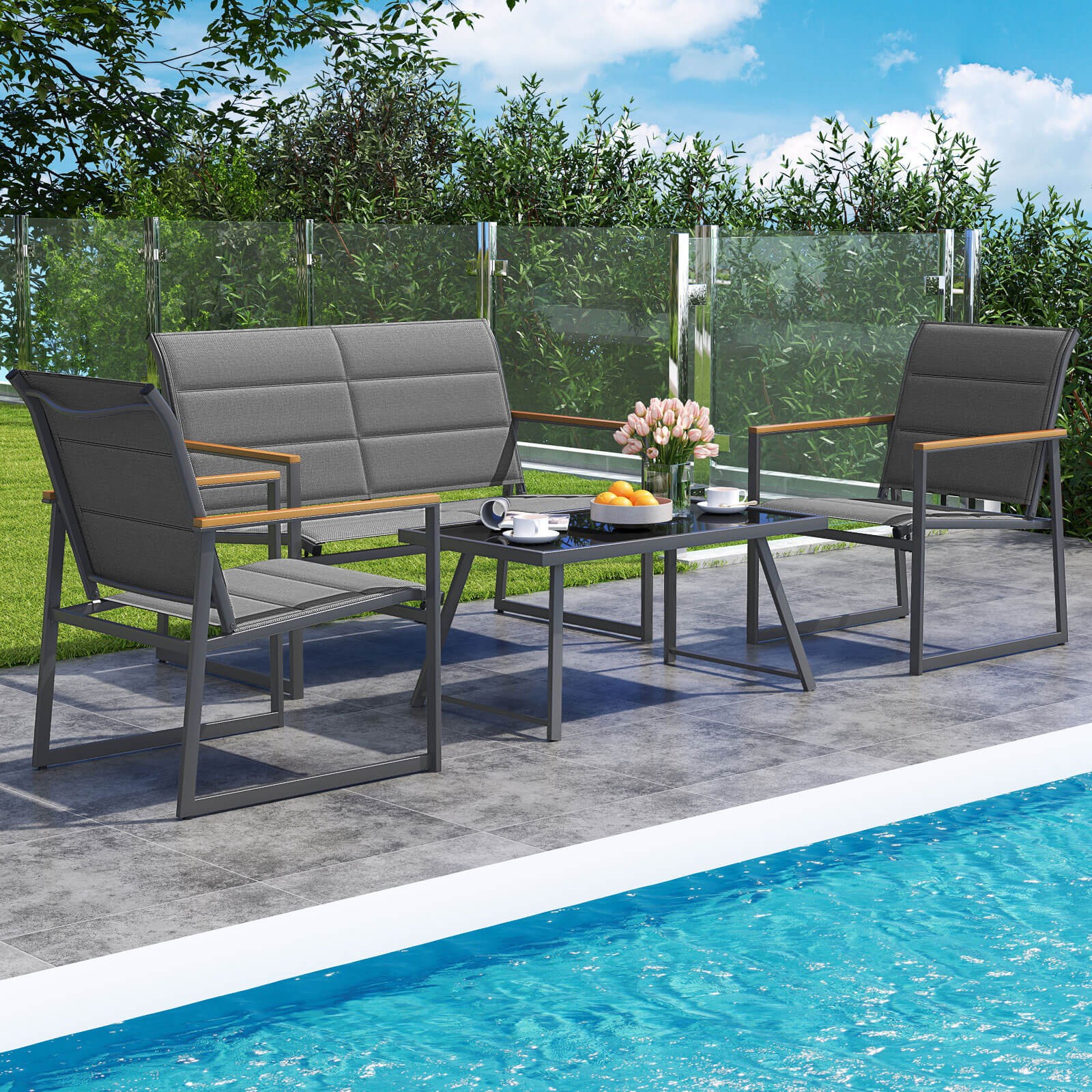 4 PCS Patio Furniture Set w/ Padded Fabric Seat & Wood-Plastic Armrests Table