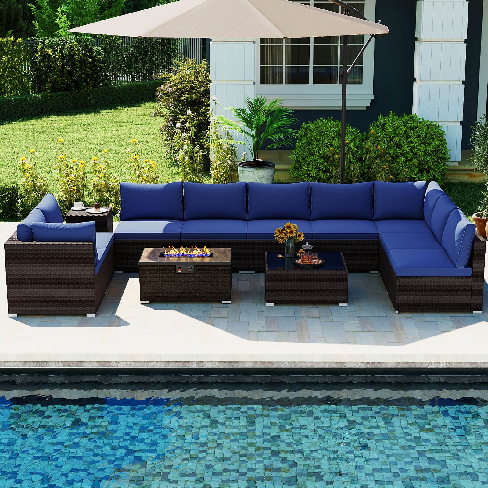 12 PCS Patio Wicker Sectional Sofa Set w/ 32″ Propane Fire Pit Table Tank Holder
