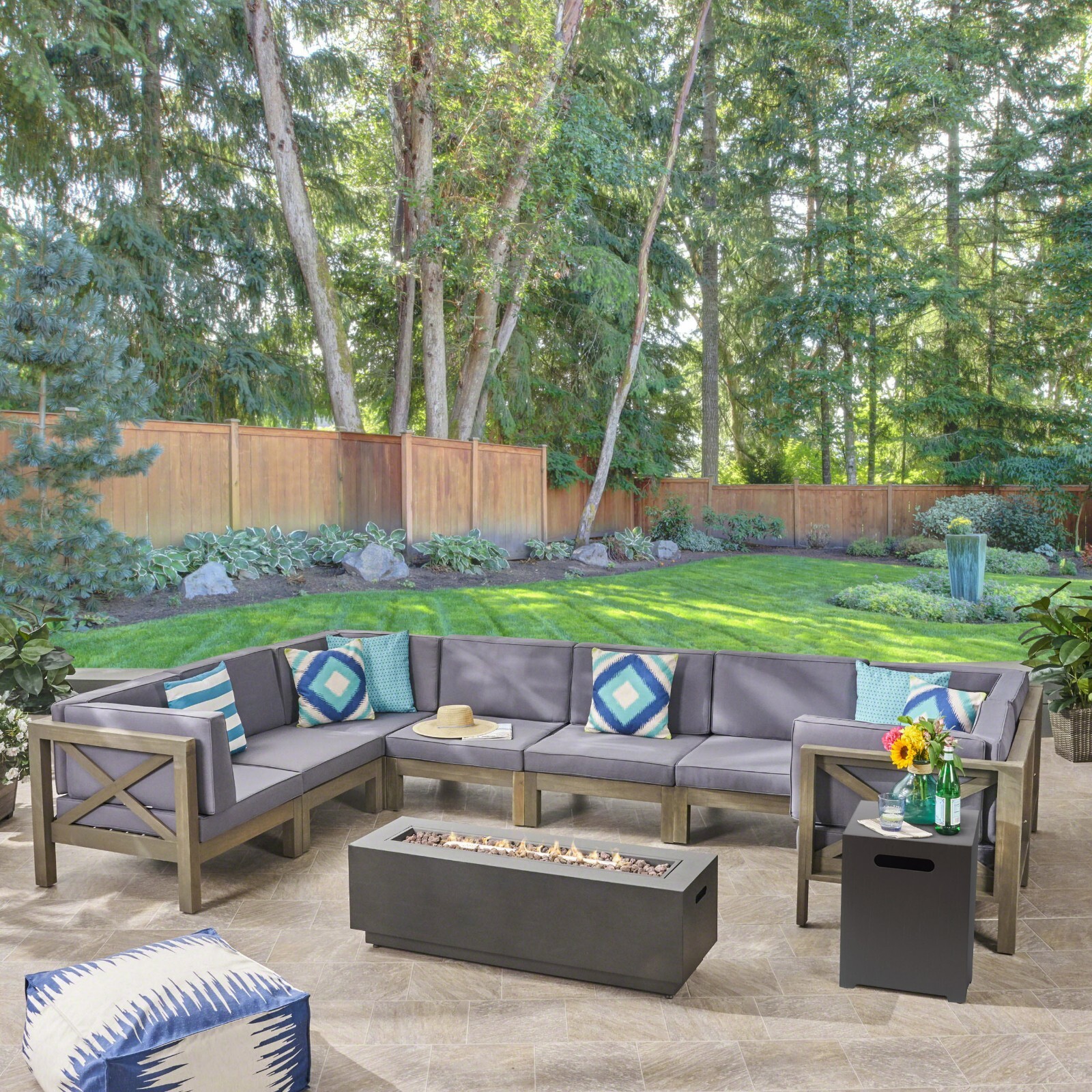Muriel Outdoor Sectional Sofa Set with Fire Pit 10-Piece 8-Seater Acacia Wood