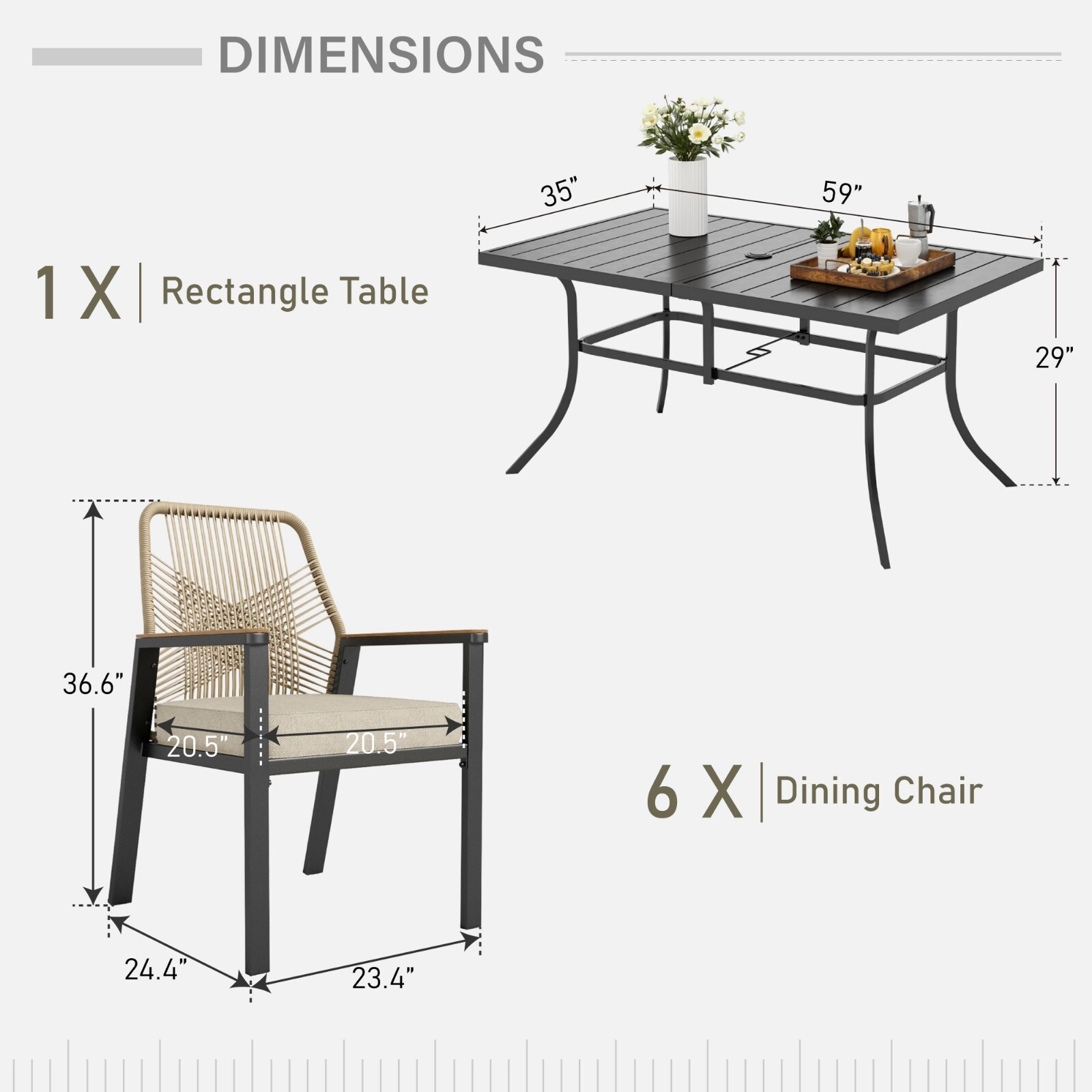 7-Piece Patio Dining Set 59″ Rectangle Dining Table with 6 Wicker Armchairs