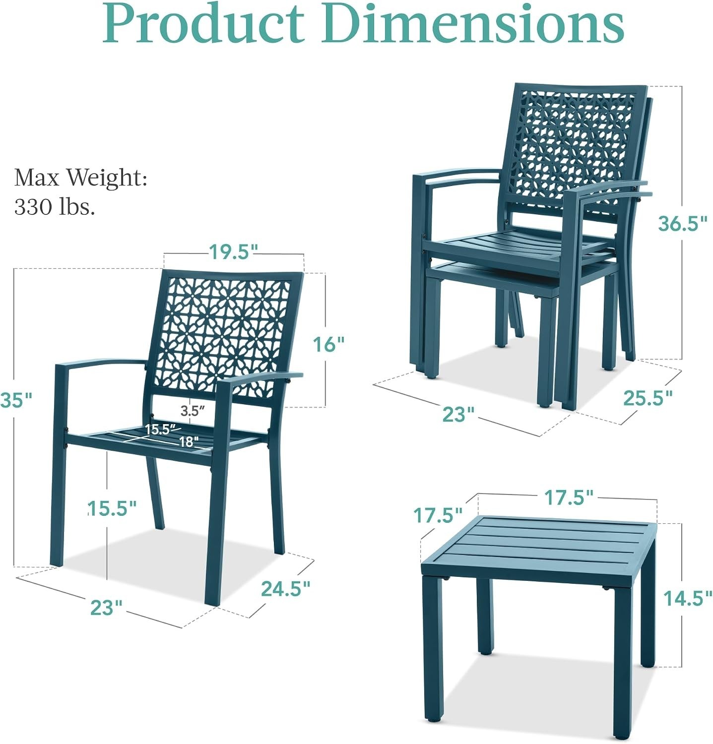 Contemporary Stackable Bistro Set: 3-Piece Steel Dining for Gardens & Porches