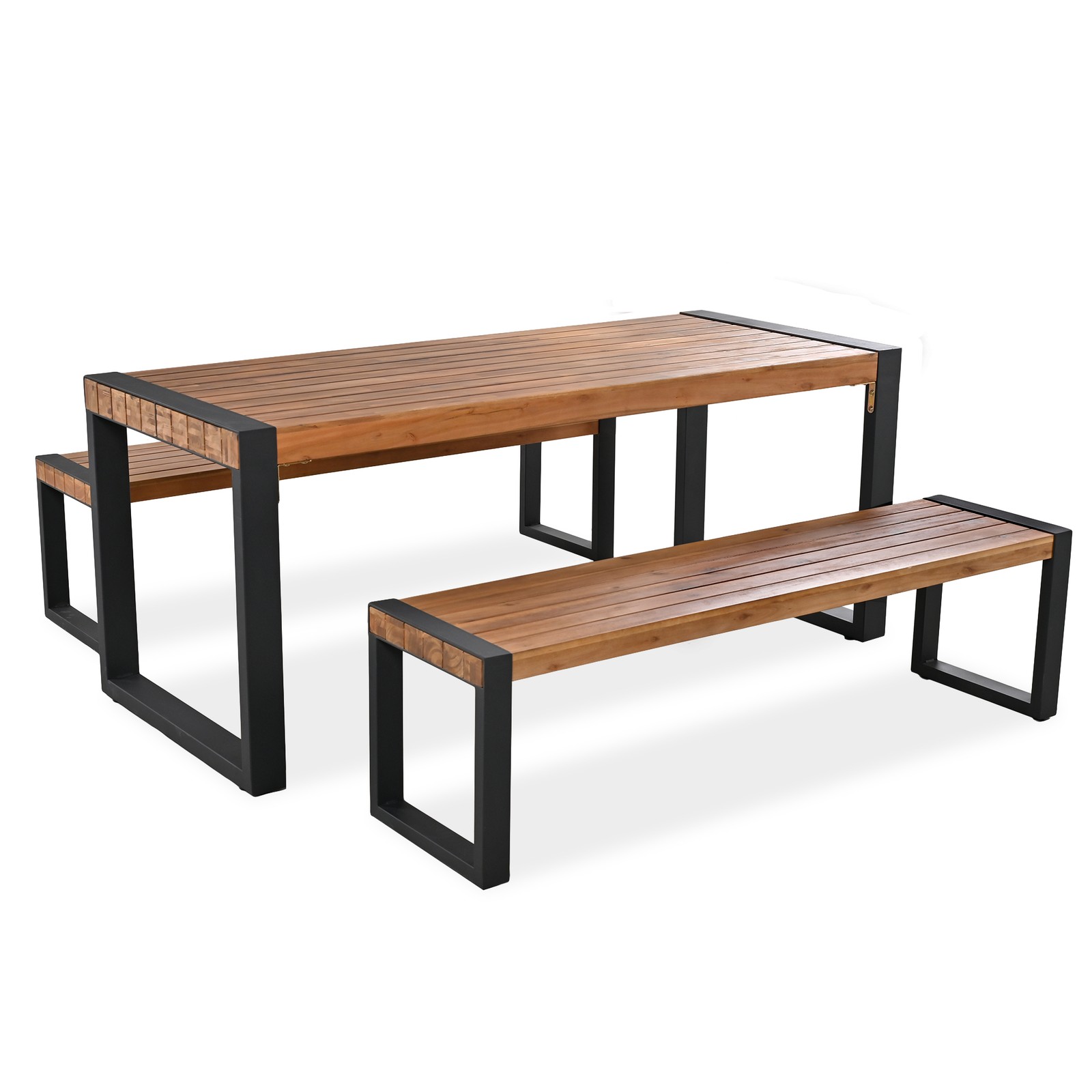 3-Piece Outdoor Dining Table Set with 2 Benches, Acacia Wood Top & Steel Frame