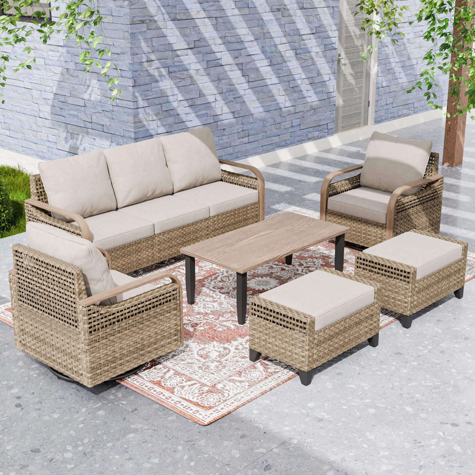 EAGLE PEAK 6 Piece Wicker Outdoor Patio Furniture Set with Swivel Rocking Chair