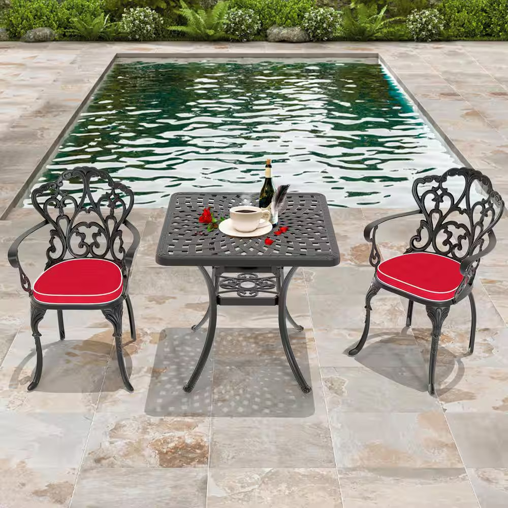 3-Piece Set of Cast Aluminum Patio Outdoor Dining Set with Random Colors Cushion