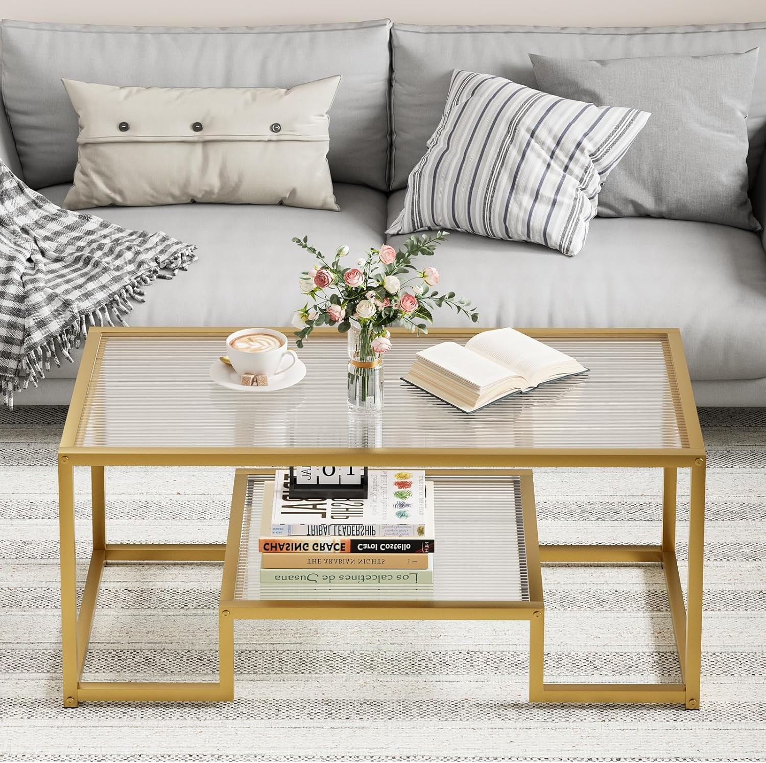 Coffee Table Gold Glass Coffee Table for Living Room,2 Tiers