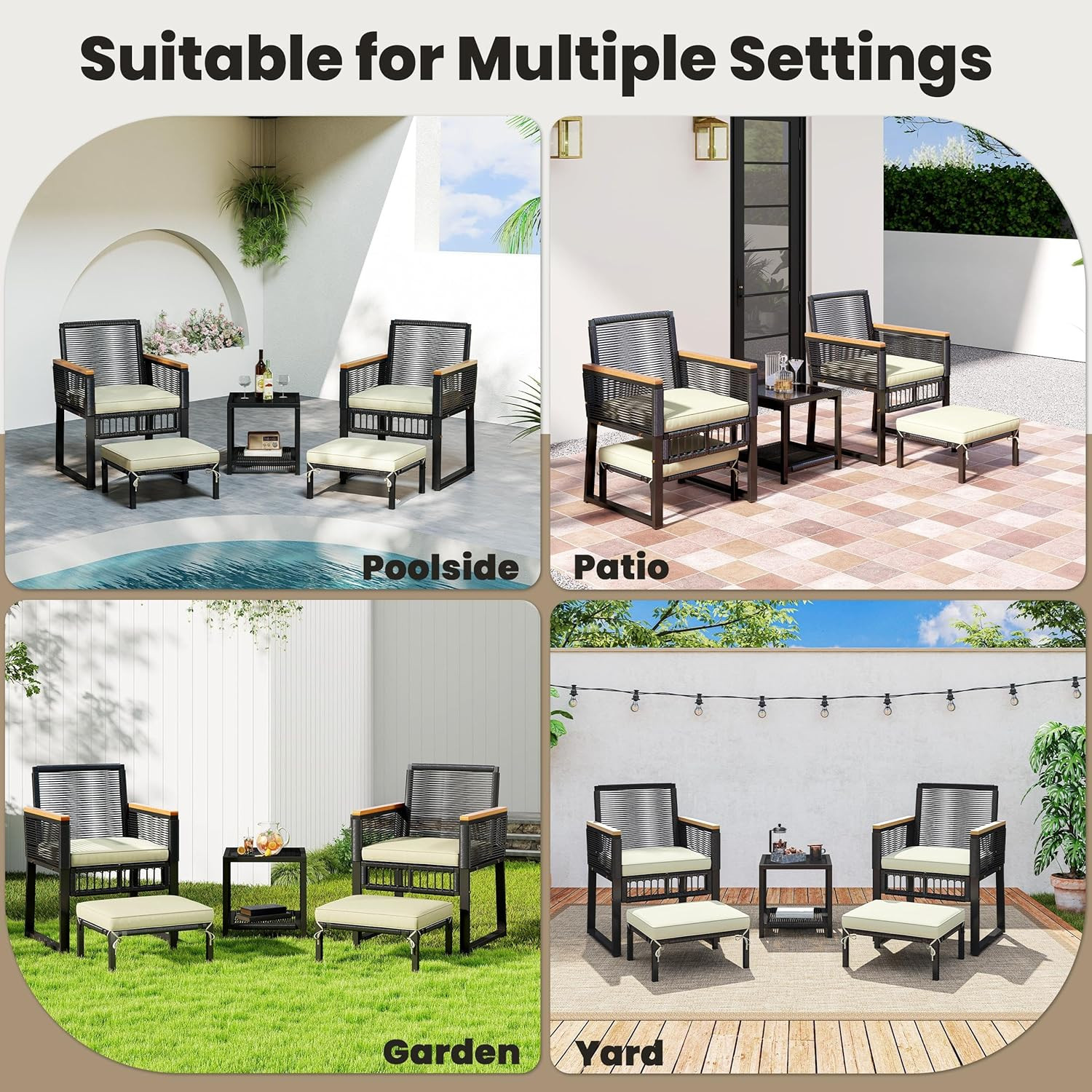 5-Piece Outdoor Conversation Set, Wicker Rattan Patio Furniture Set W/Rattan Arm