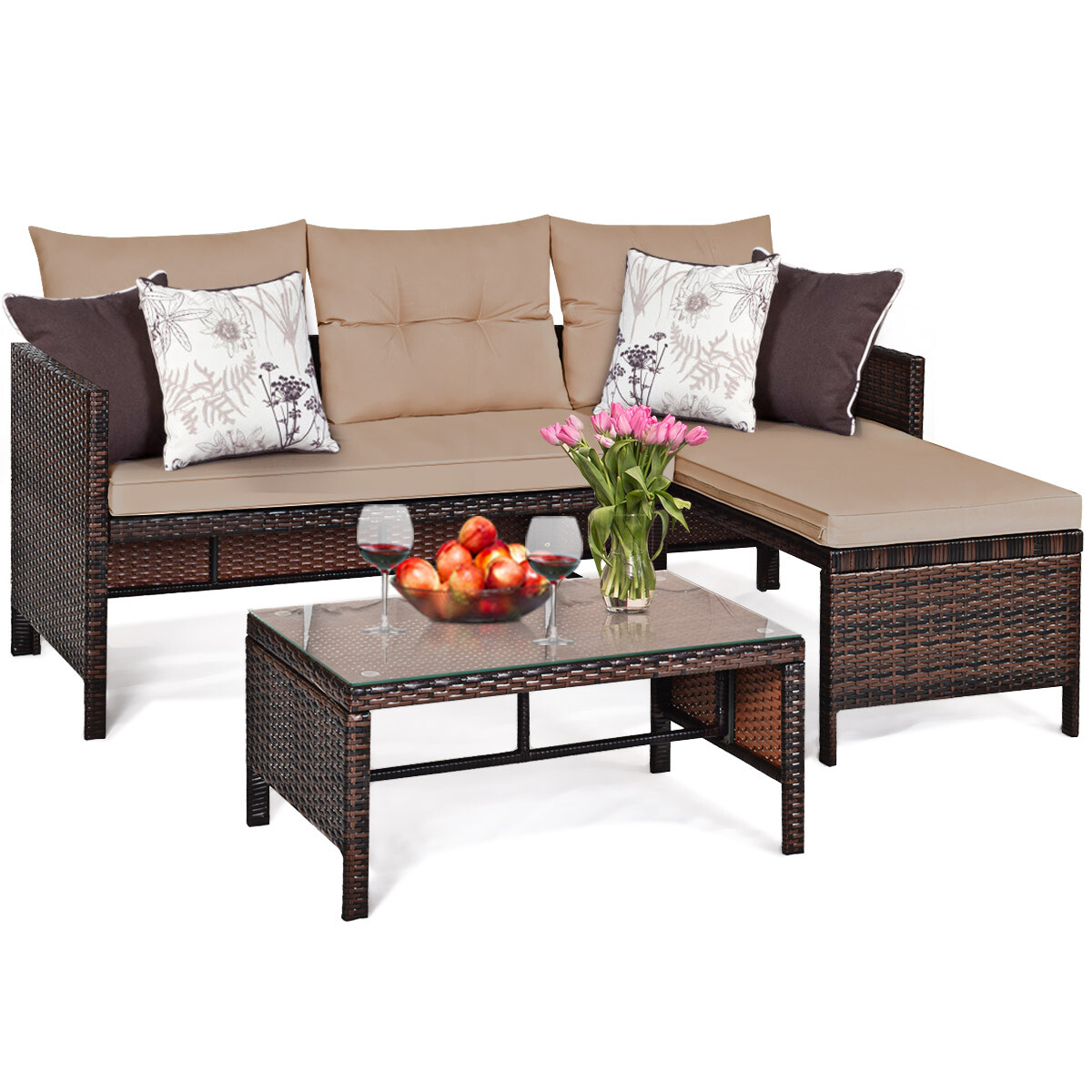 Costway 3 PCS Patio Wicker Rattan Sofa Set Sectional Conversation Furniture Set