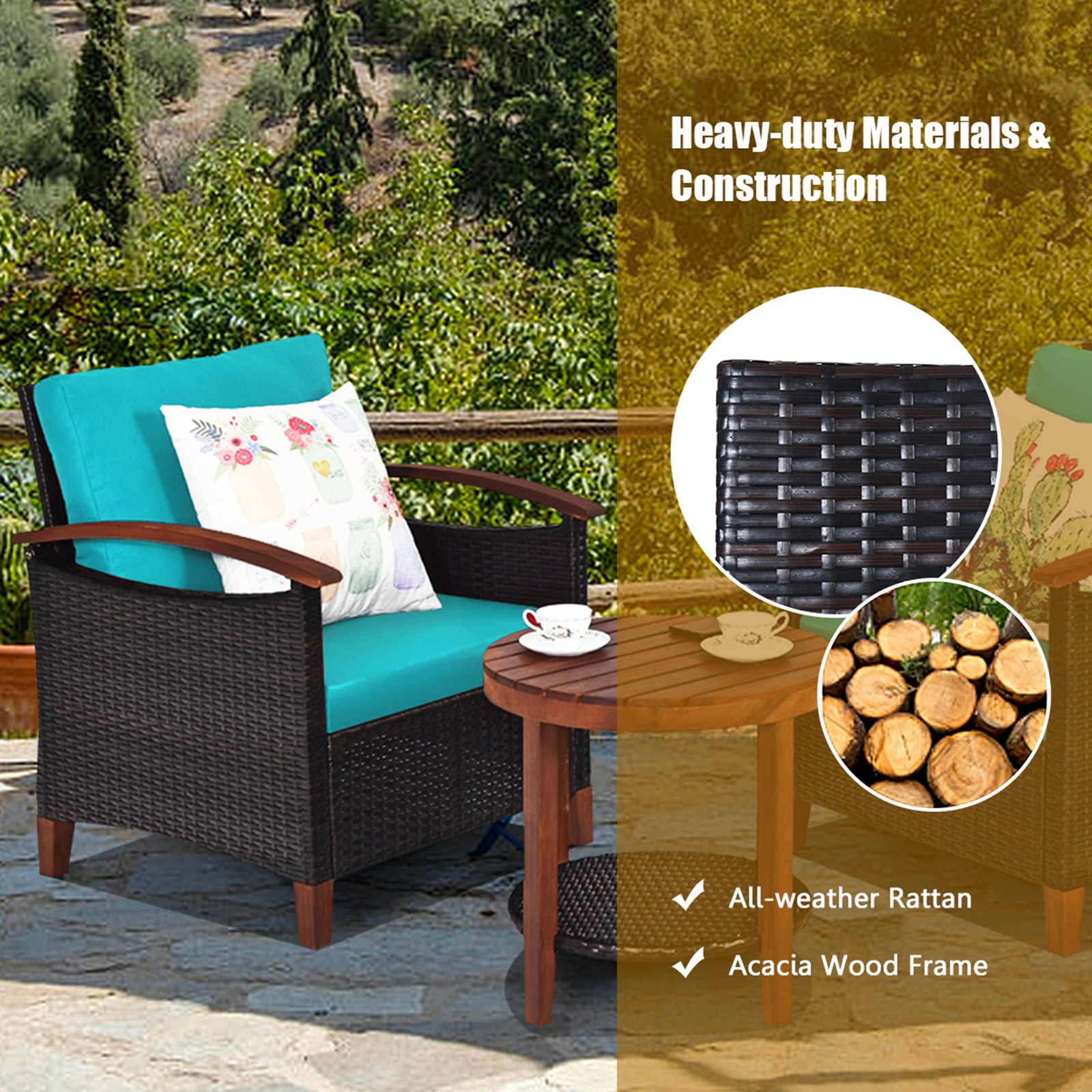 3PCS Patio Wicker Rattan Conversation Set Outdoor Furniture Set w/ Turquoise