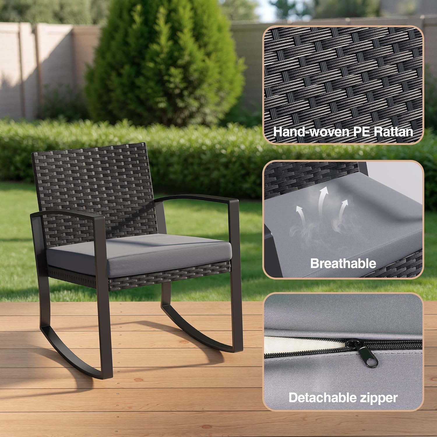 Qsun 3 Pieces Patio Furniture Set Rocking Bistro Set Outdoor Rattan Conversation