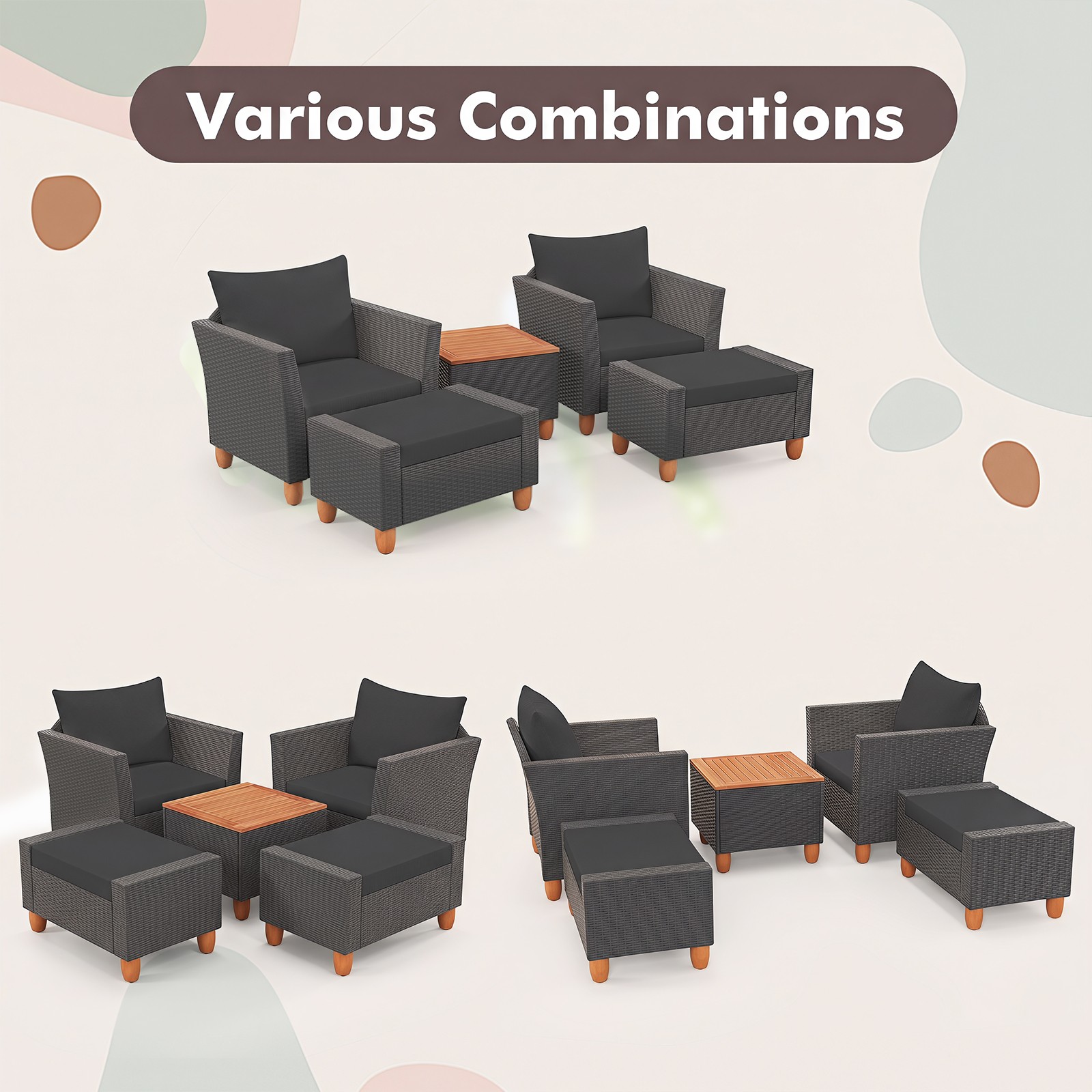 5 PCS Patio Furniture Set w/ Storage Table Ottomans Soft Pillows and Cushions