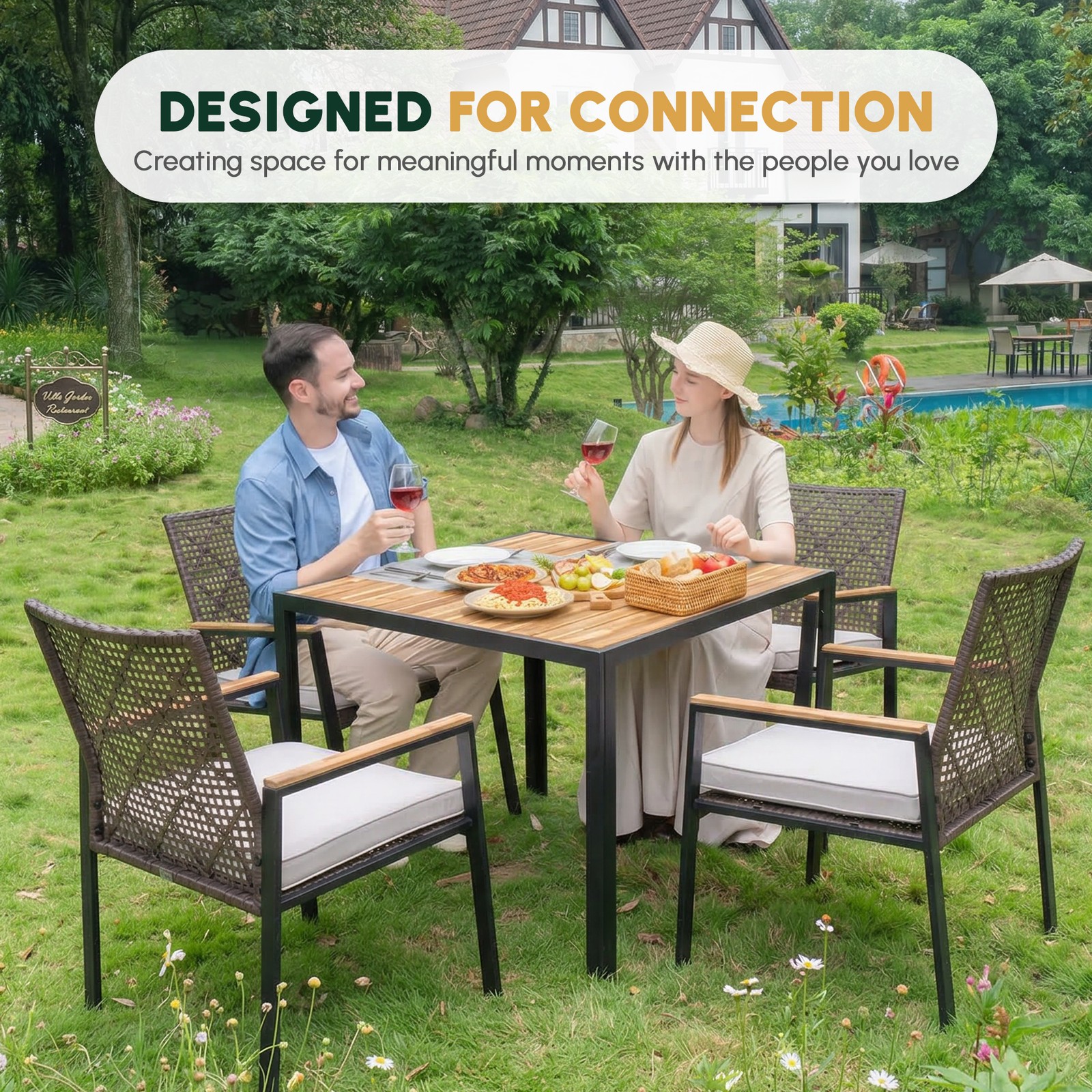 5-Piece Patio Dining Set Acacia Wood Table PE Rattan Chairs Coffee Brown