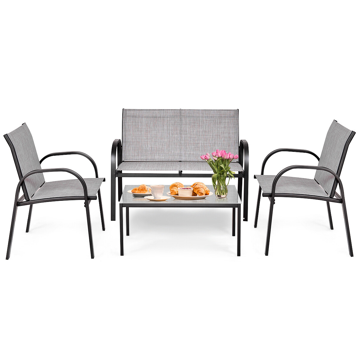 4 PCS Patio Furniture Set Sofa Coffee Table Steel Frame Garden Deck Gray New