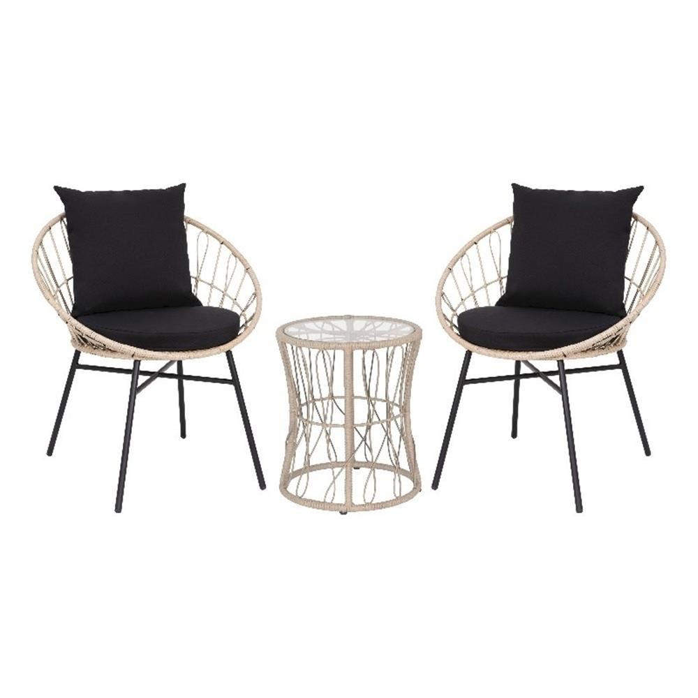 Indoor/Outdoor Rattan Rope Bistro Set Glass Top Table & Cushions-Tan/Black
