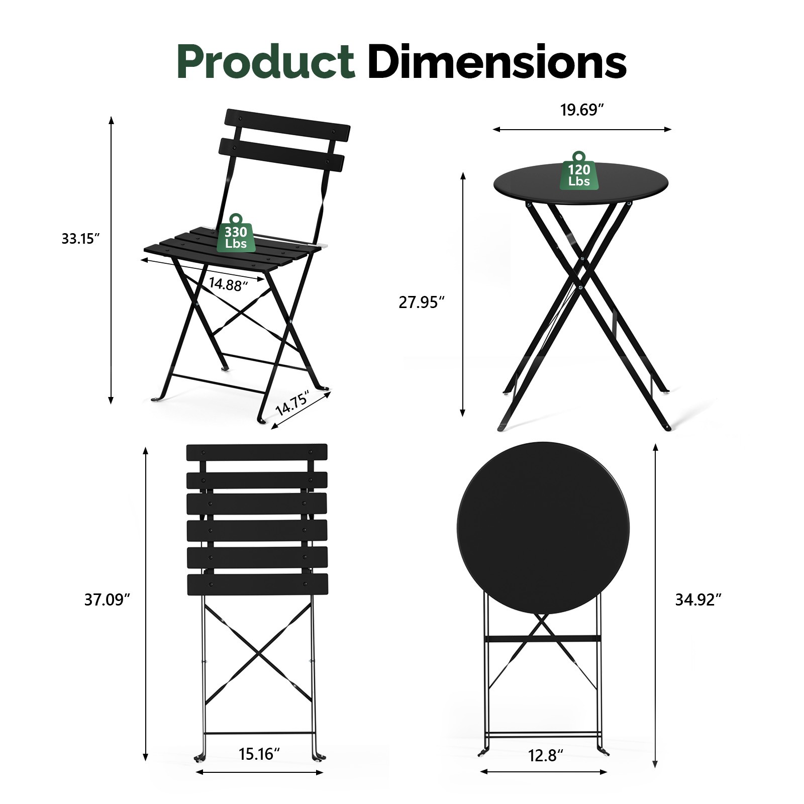 Folding Bistro Table Chairs, Dining Set of 3 with 2-Seat Cushions for In/Outdoor