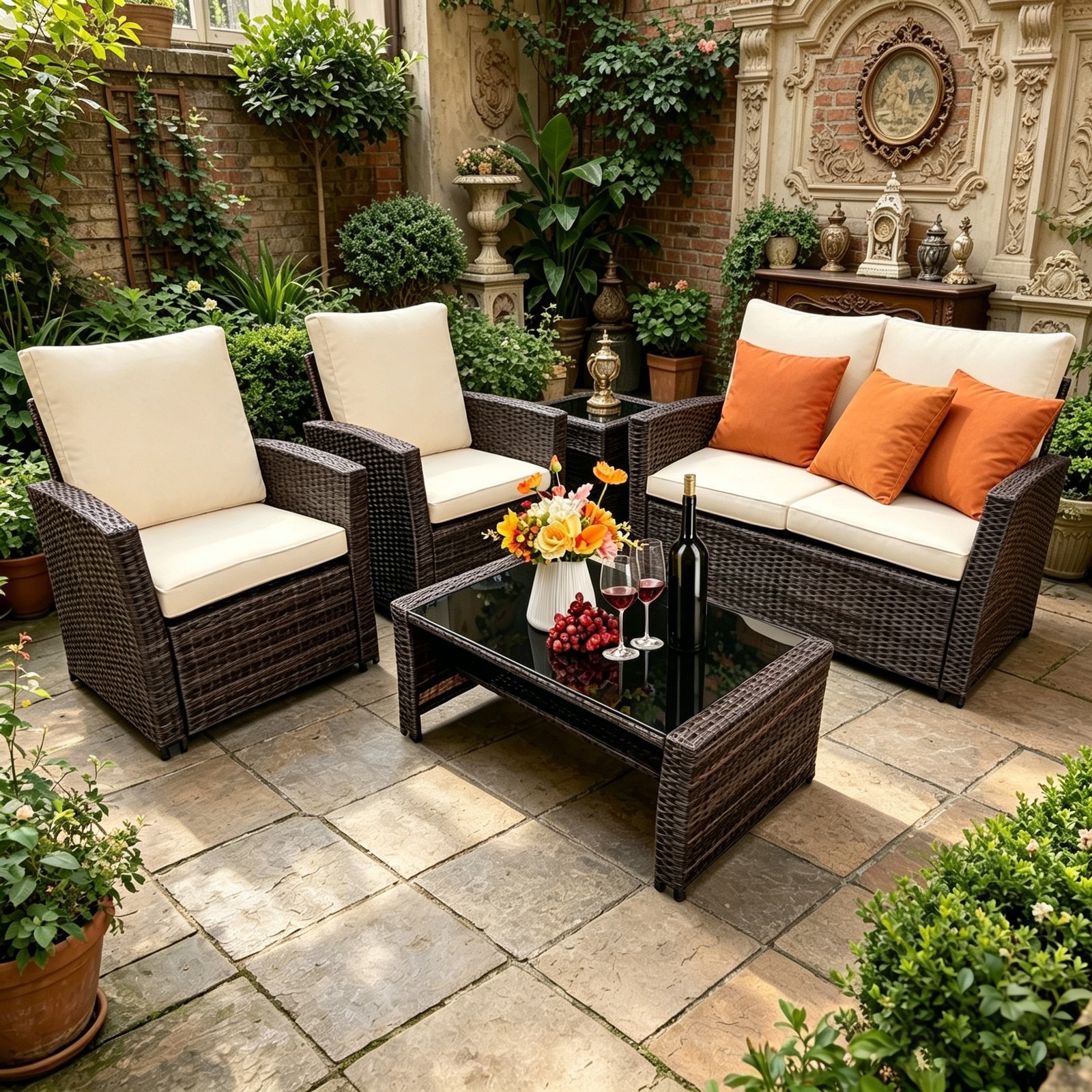 Patio Furniture Set Outdoor Sectional Patio Sofa Set of 4PCS W/Coffee Table