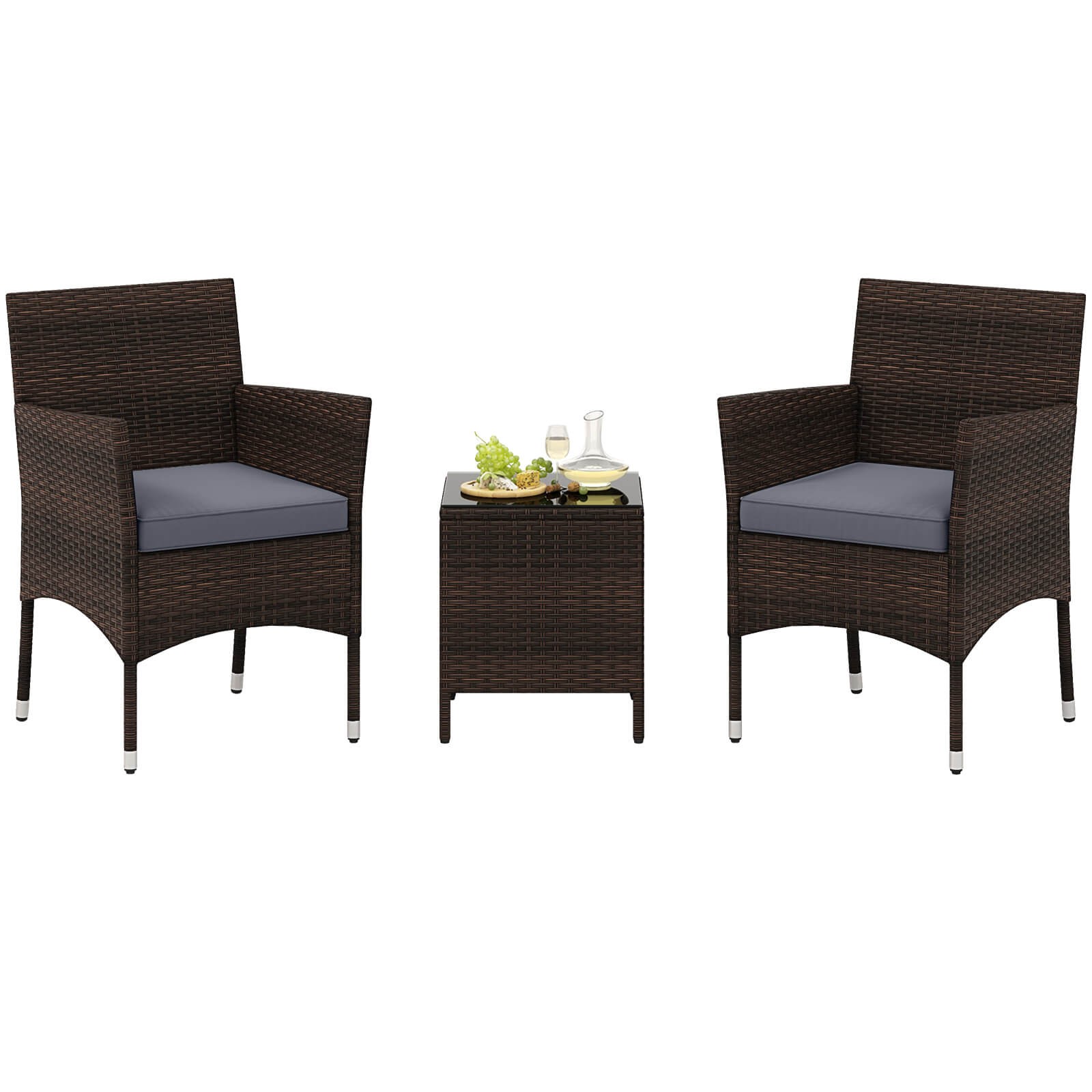 3 PCS Outdoor Conversation Set w/ Cushioned Seat & Tempered Glass Tabletop