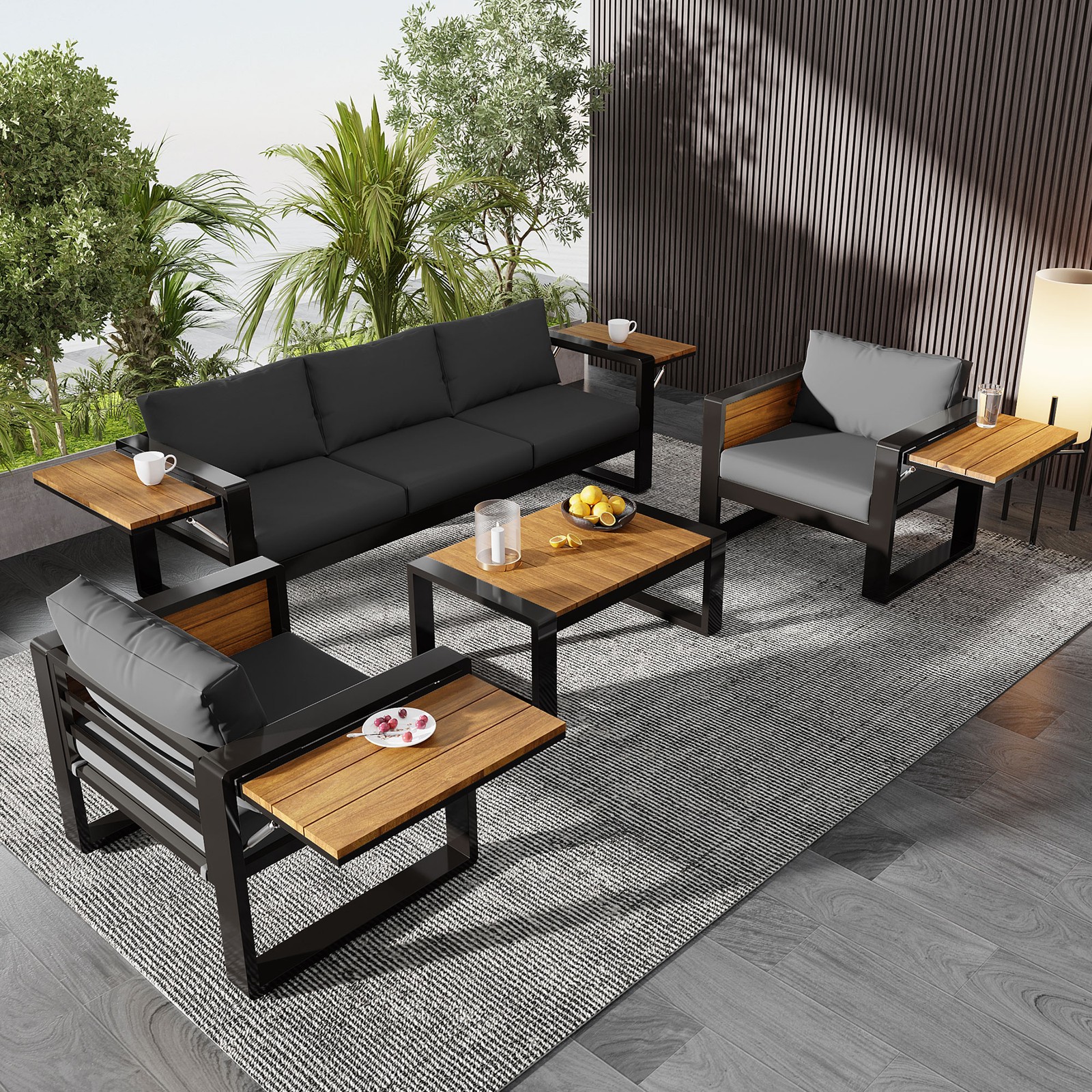 4-Piece Outdoor Patio Furniture Set, 3-Seater Sofa & 2 Armchairs, Grey