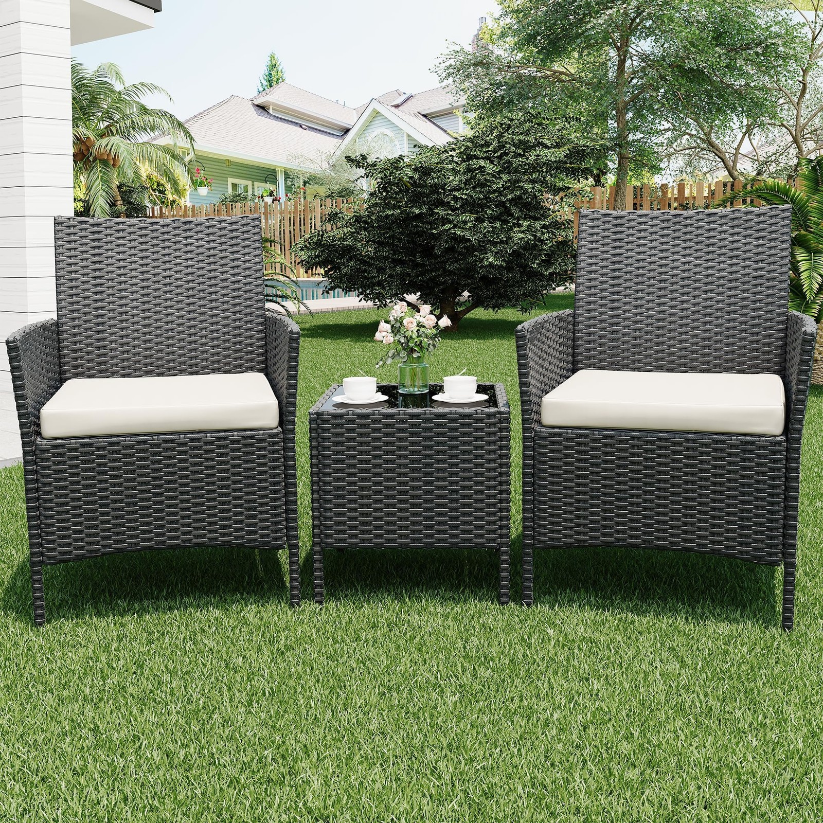 3-Piece Outdoor Patio Bistro Set PE Rattan Wicker Armchairs Water-Resistant