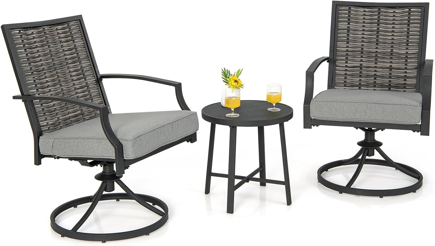 Gray 3-Piece Outdoor Wicker Swivel Chair Set with Cushions & Table
