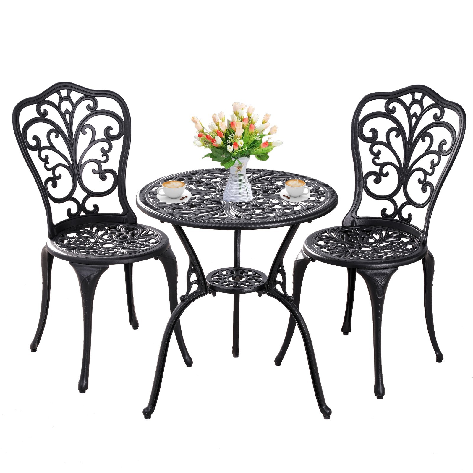 3 Piece Aluminum Bistro Set Outdoor Bistro Table Set with Umbrella Hole,Black