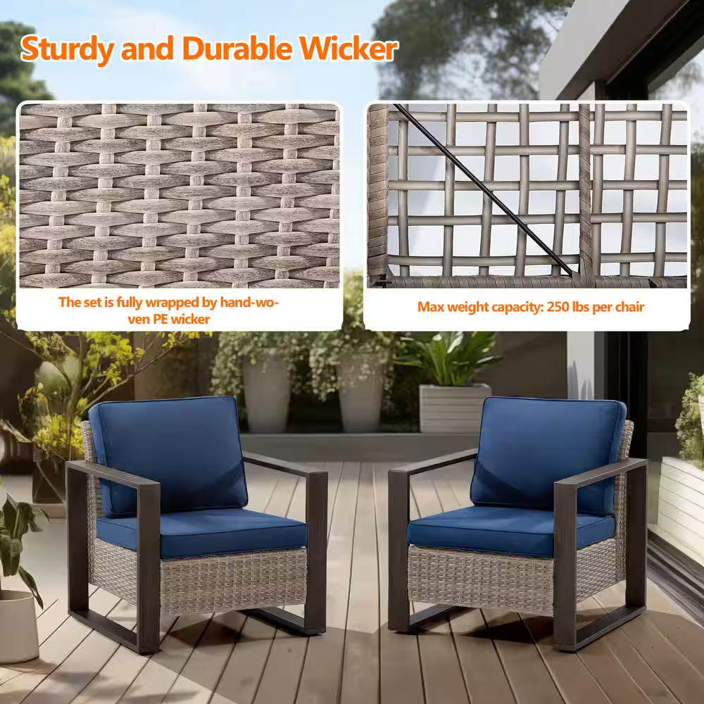 2-Piece Patio Wicker Outdoor Lounge Chair with Metal Frame and Dark Blue Cushion