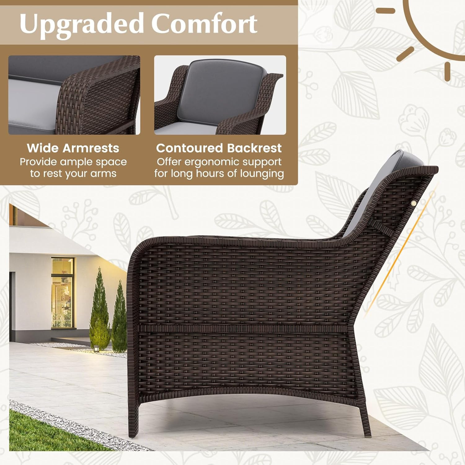 3 Pieces Outdoor Patio Furniture Set, Patiojoy PE Rattan Wicker Chairs with Cush