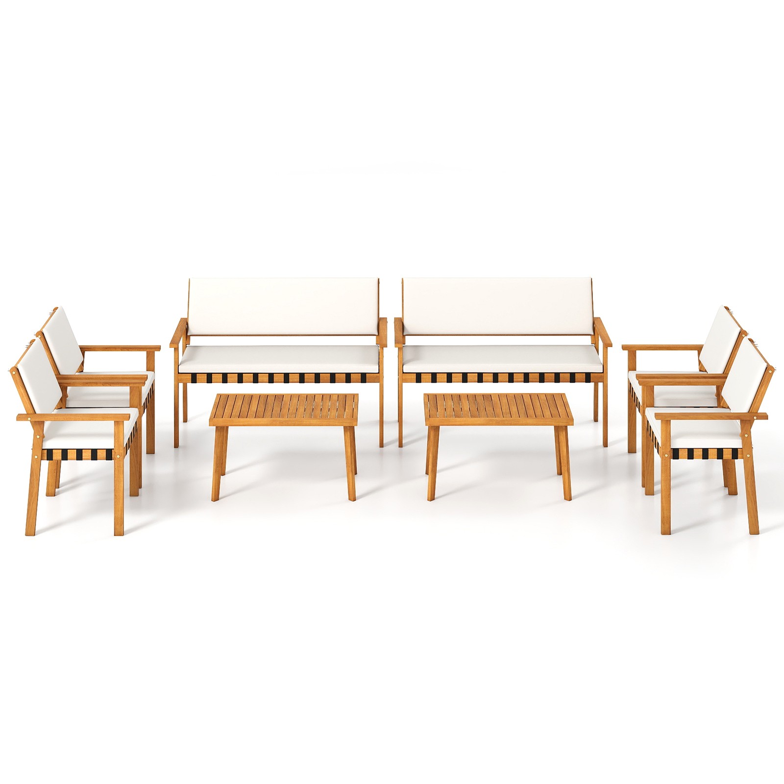 Set of 8 Wood Furniture Set w/Coffee Table Seat Back Cushions for Backyard