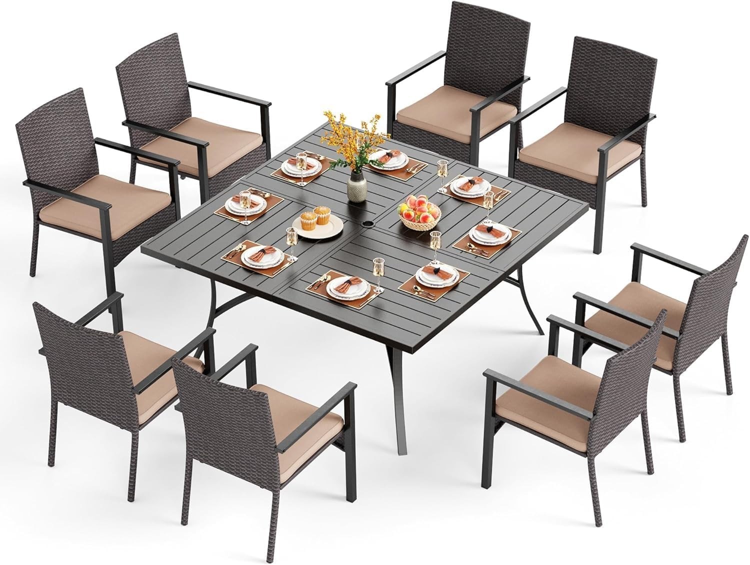 9PCS Outdoor Dining Set Patio Rattan Chair Large Metal Table with Umbrella Hole
