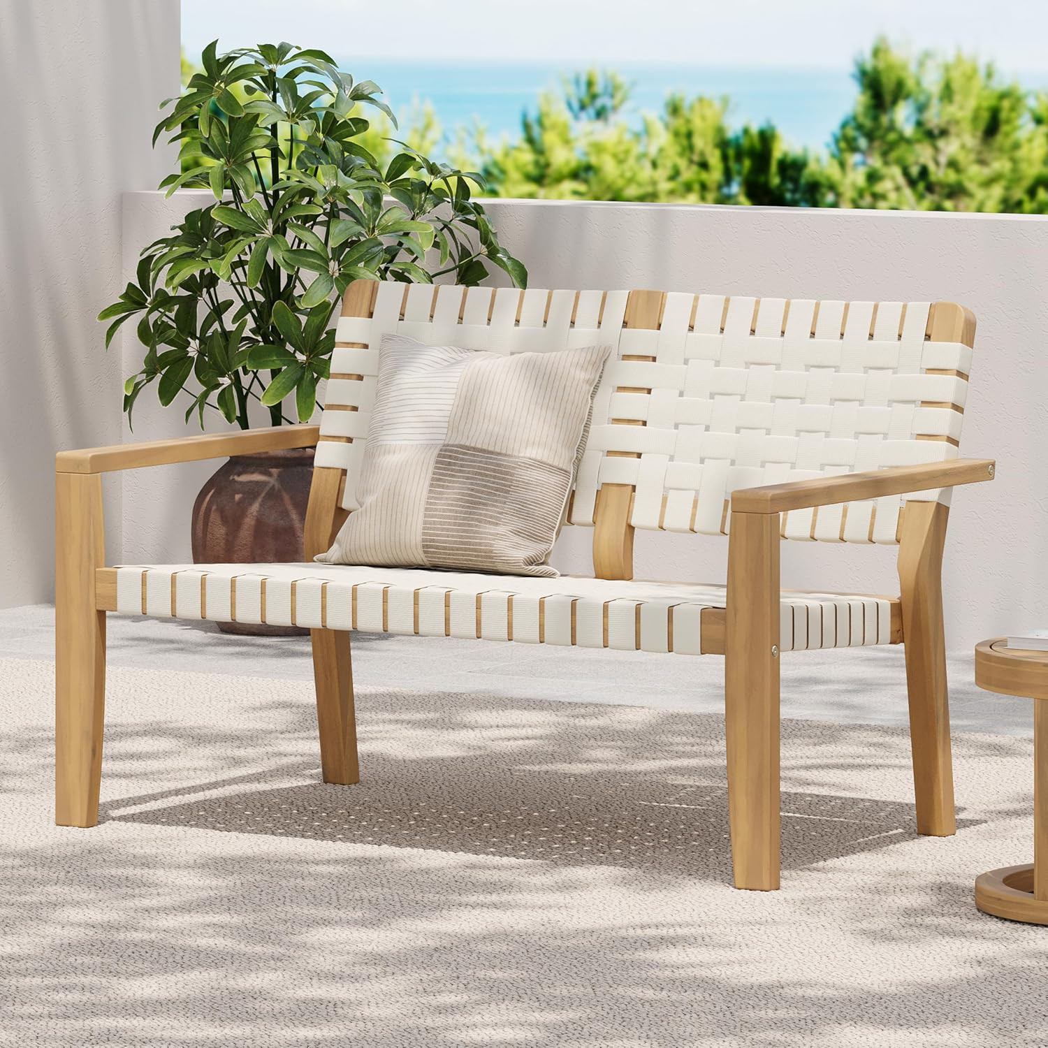 Patio Furniture Acacia Wood Bench, Woven Rope Outdoor Loveseat Sofa, 2-Person De
