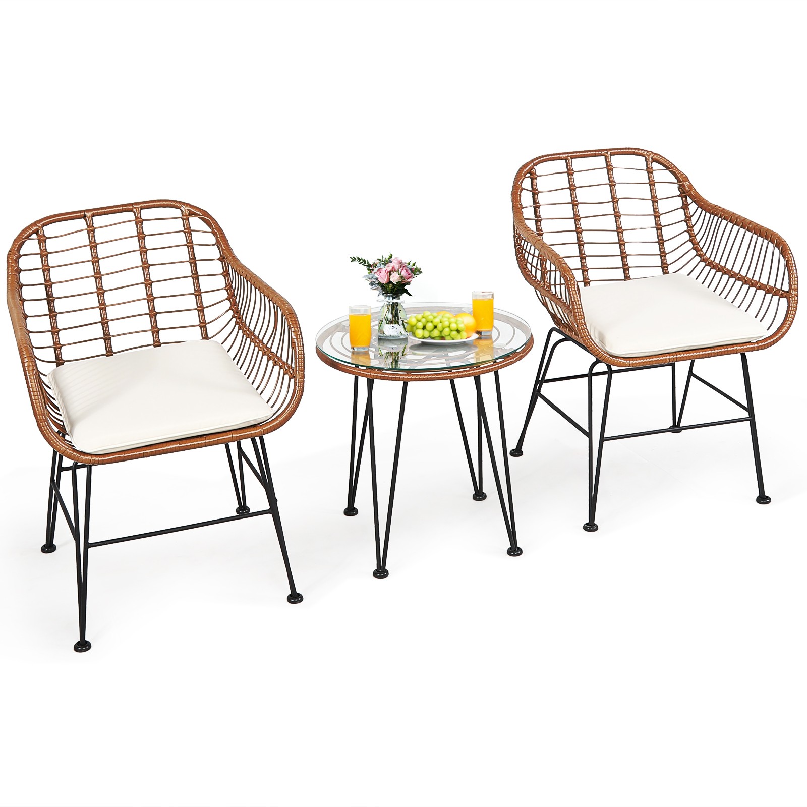 Patiojoy 3PCS Patio Rattan Bistro Set Coffee Table Armchair with Beige Cushion