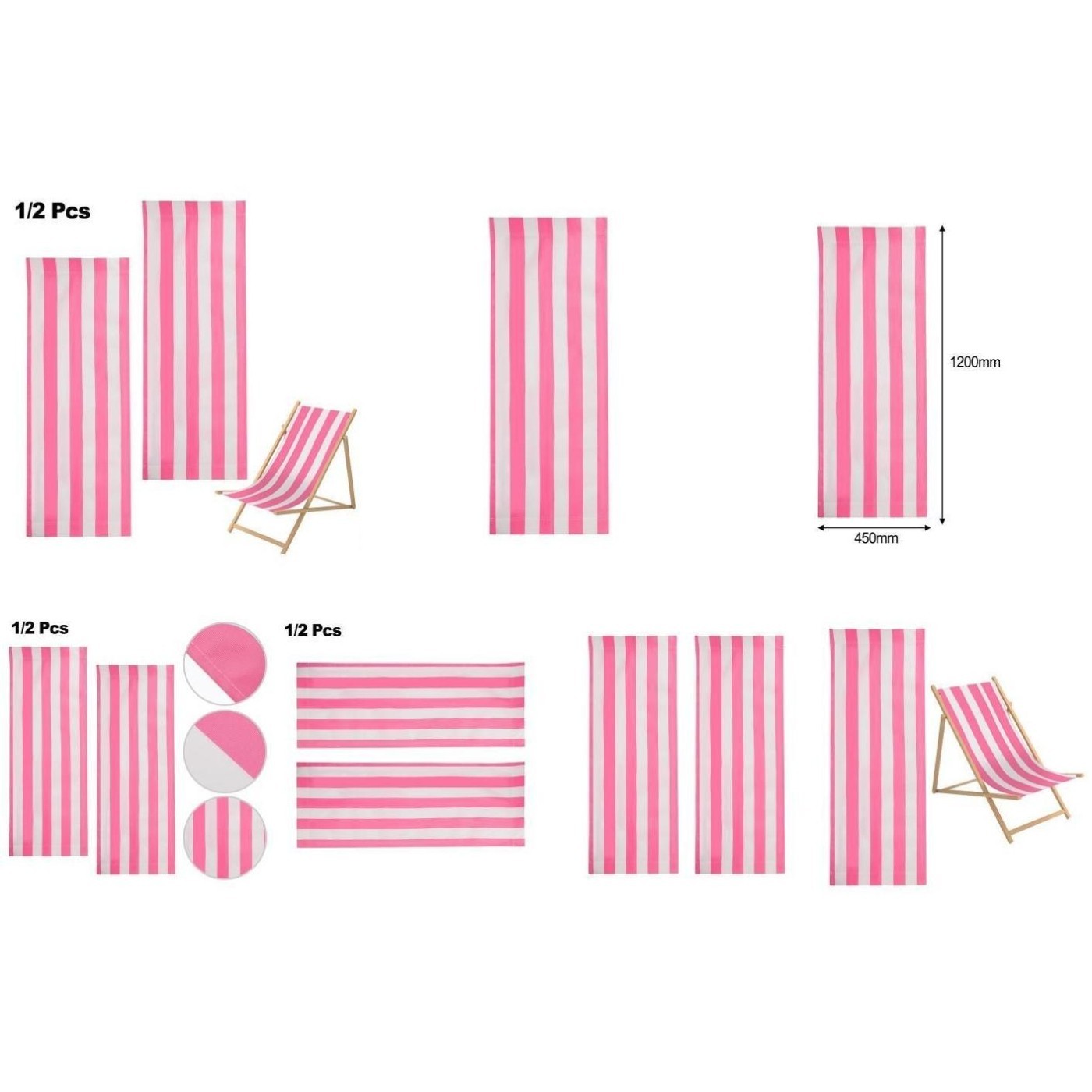 Compact Replacement Fabric for Beach Lounger 120×45 cm Easy to Roll Pink White