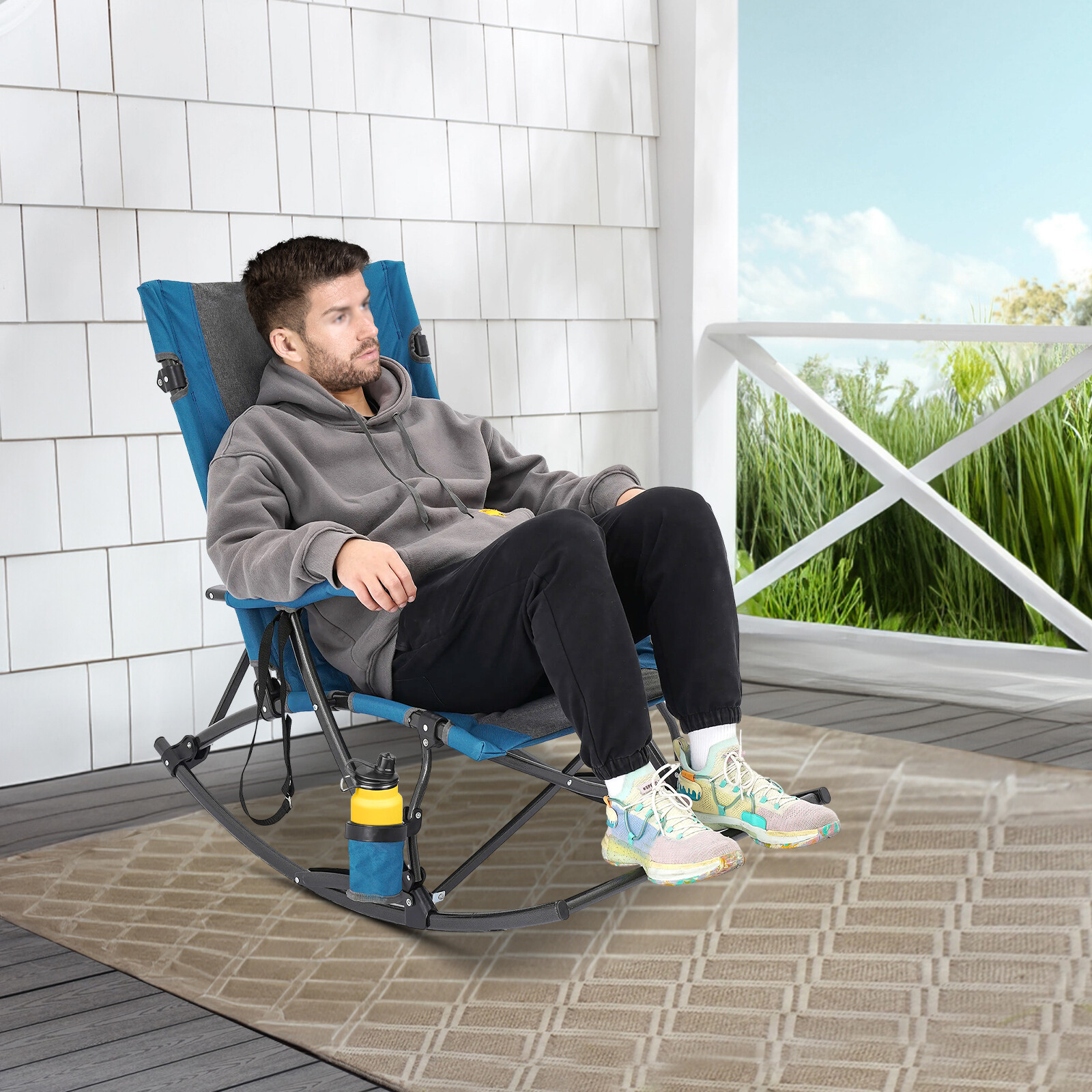 Oversized Folding Rocking Camping Chair Outdoor, Portable Chair with Cup Holder