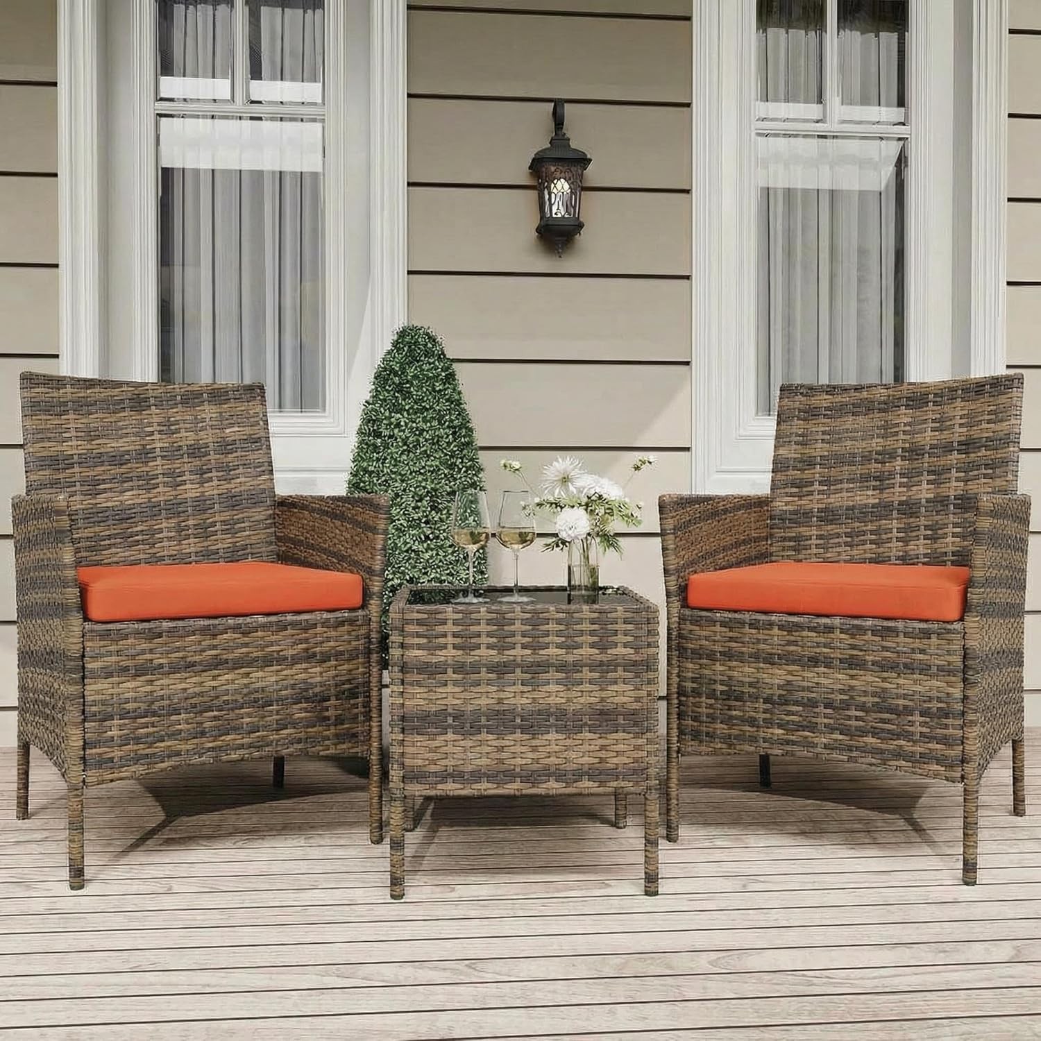 Patio Rattan Furniture GarveeLife 3 Piece Brown Orange