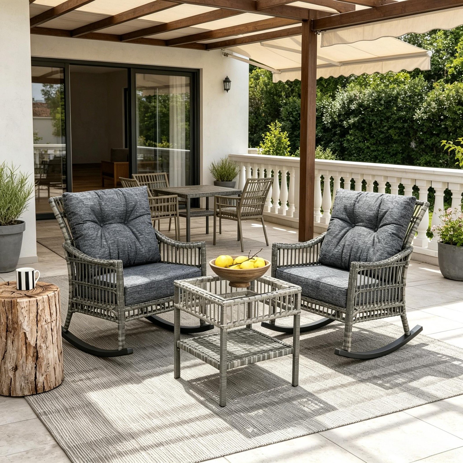 3-Piece Patio Furniture Set: 2 Rocking Chairs & Coffee Table, Gray