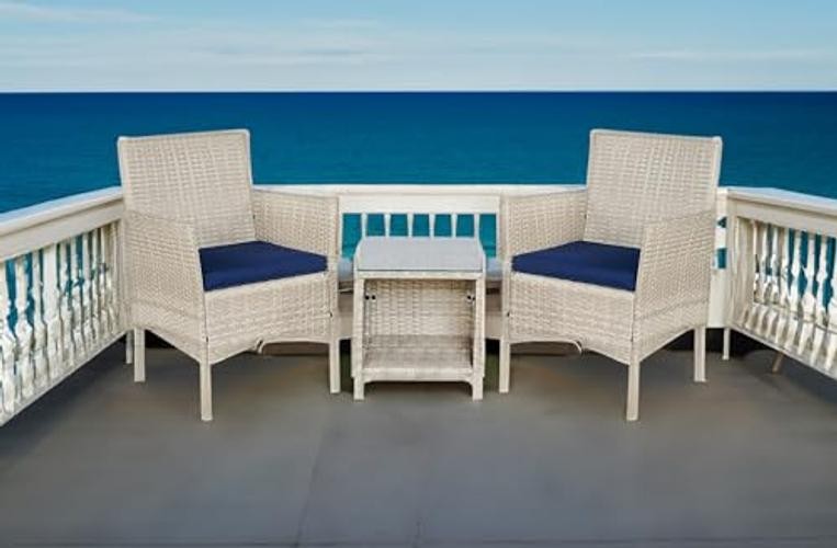 Outdoor Wicker Conversation 3 Piece Bistro Set Garden Patio Gray- Navy Blue