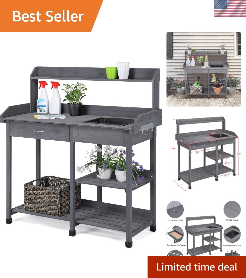 Spacious Garden Workstation – Adjustable Shelf Potting Table with Sink & Storage